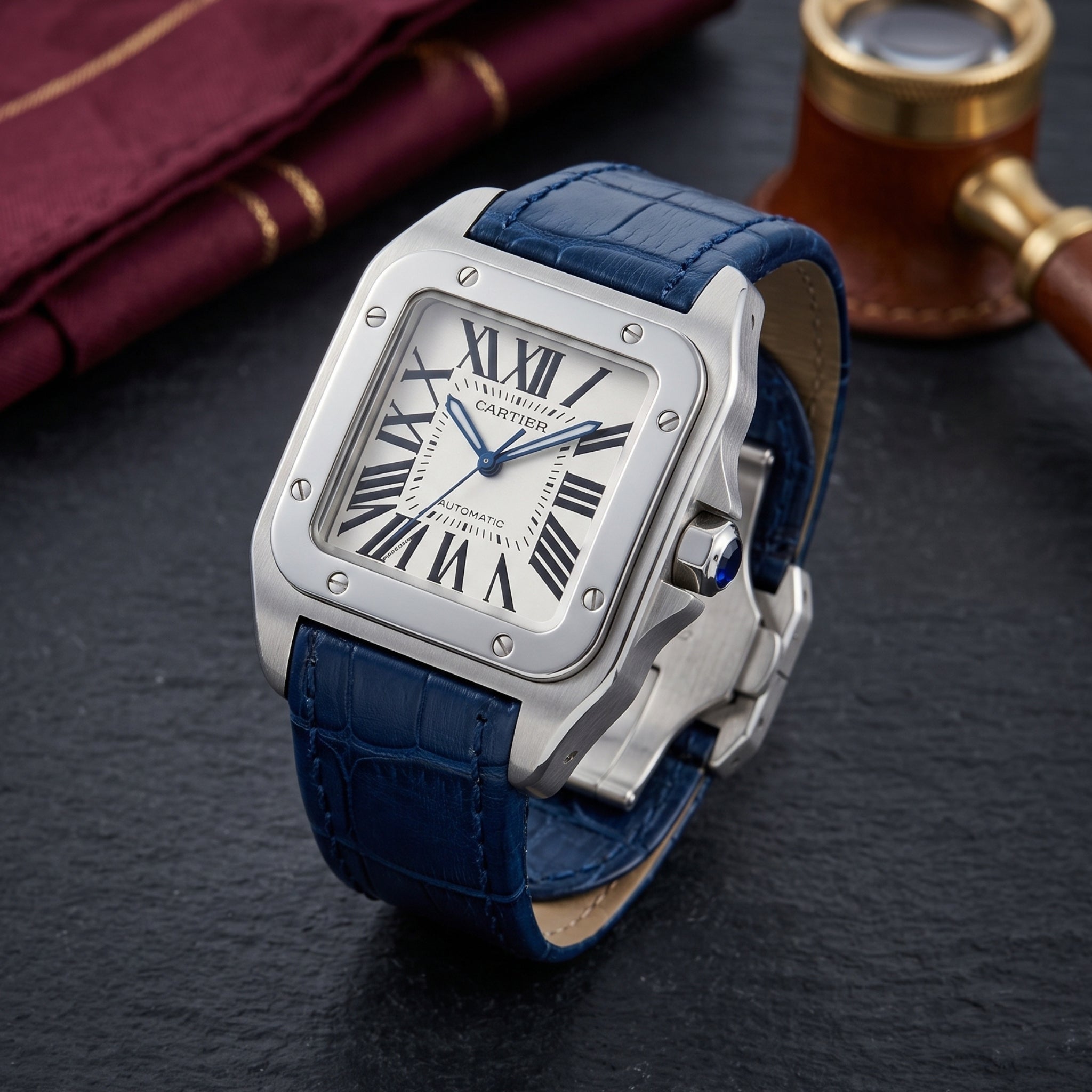Leather Strap - For Cartier Santos 100 - Blue