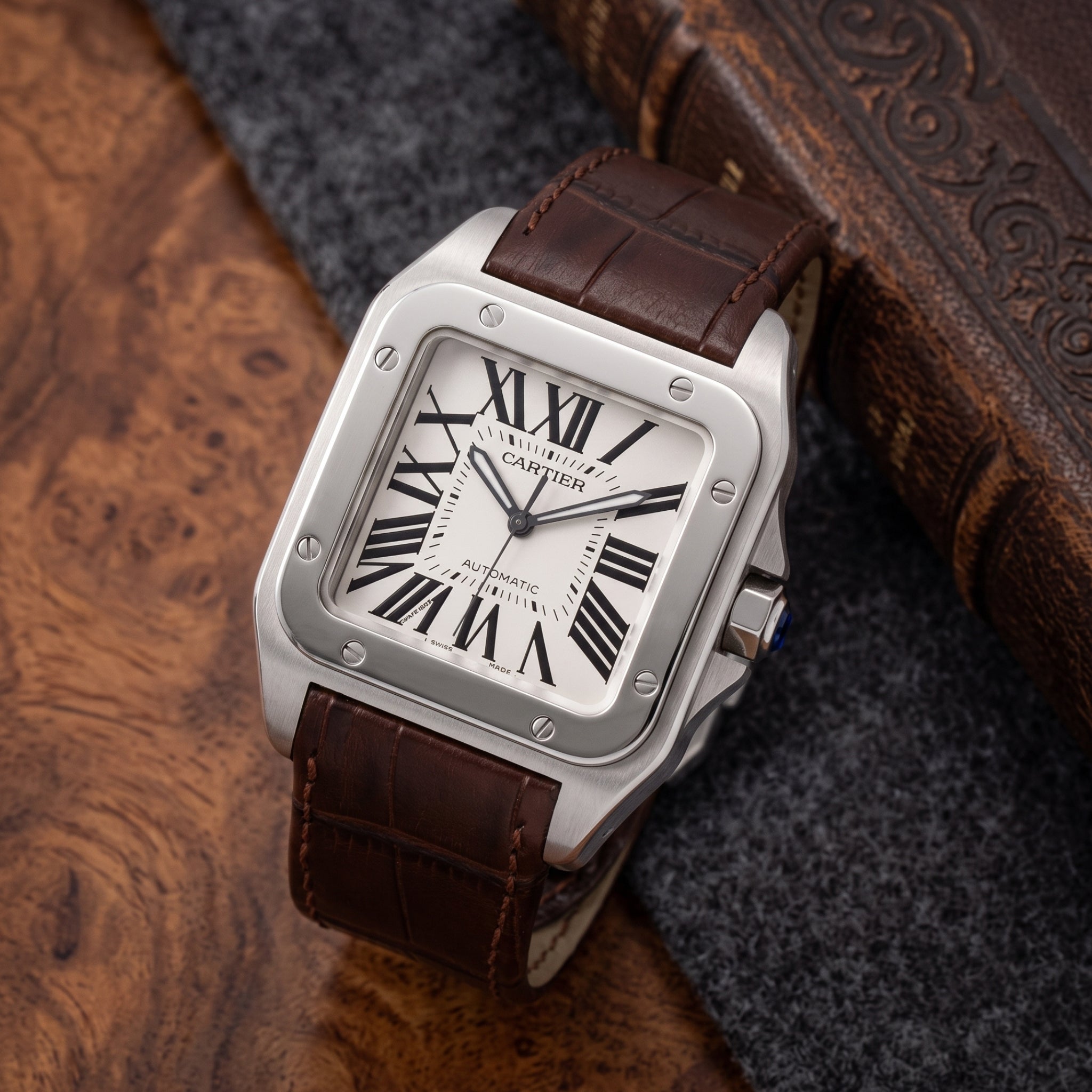 Leather Strap - For Cartier Santos 100 - Brown
