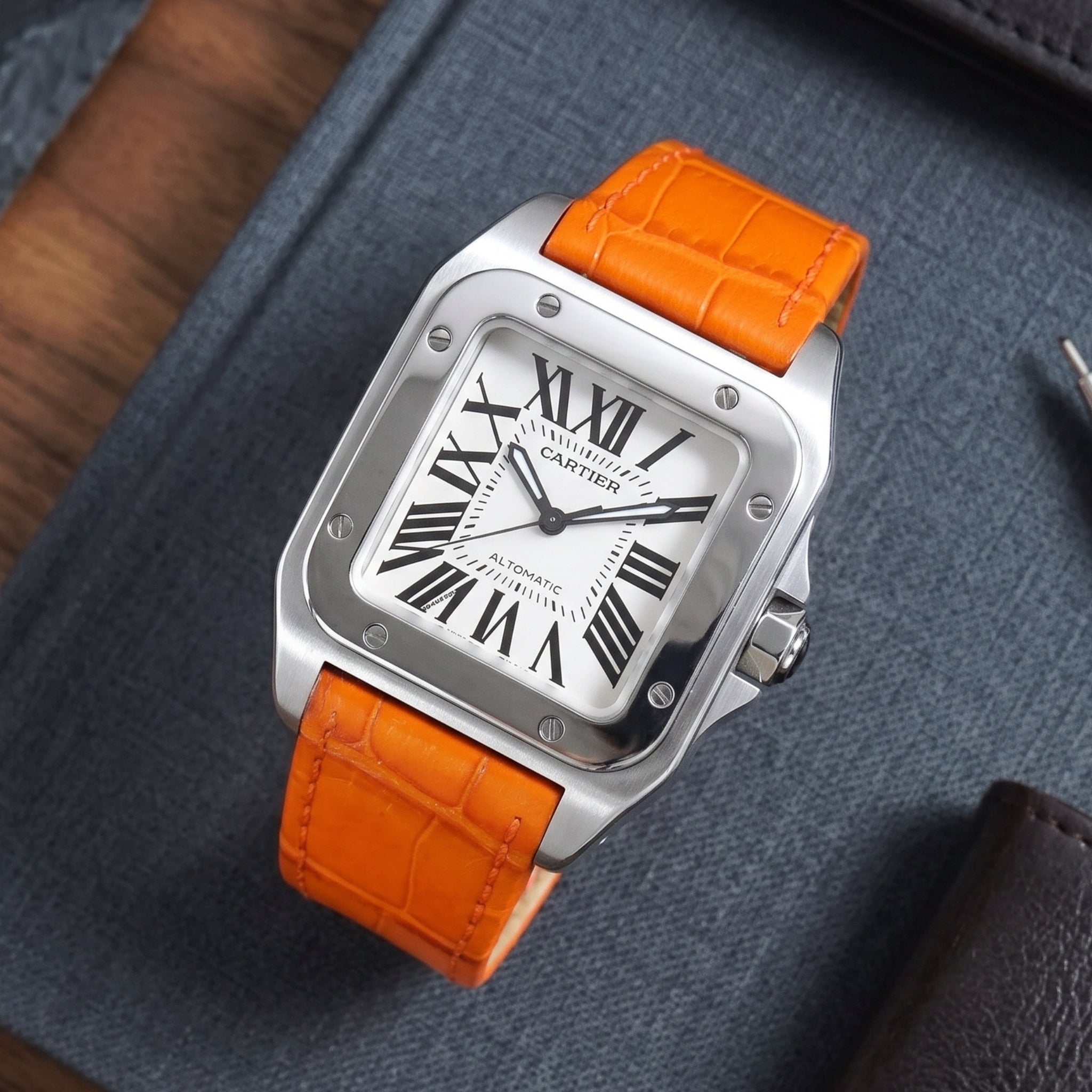 Leather Strap - For Cartier Santos 100 - Orange