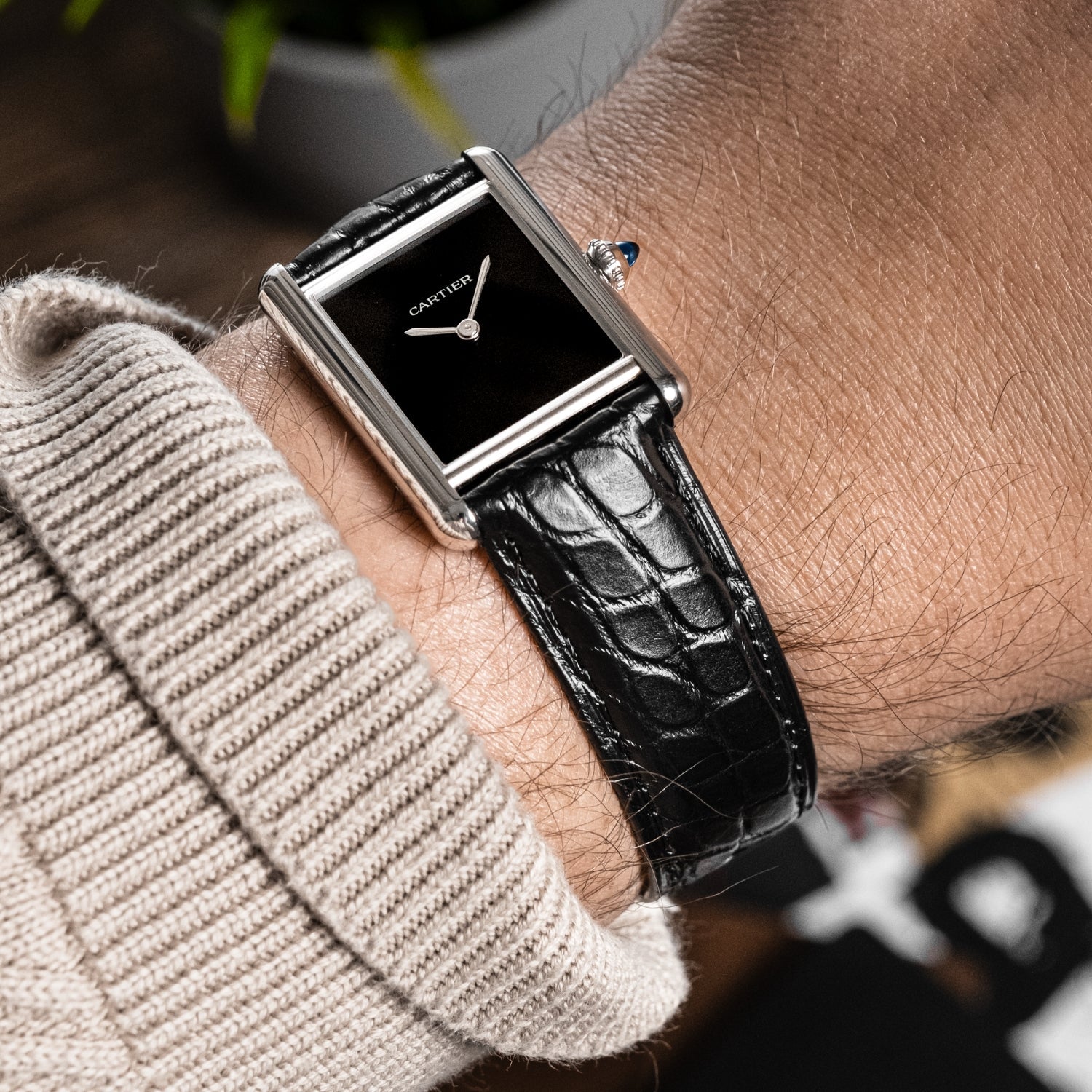 Crocodile Leather Strap for Cartier Tank / Tank Solo / Tank Must – Black - Helvetus