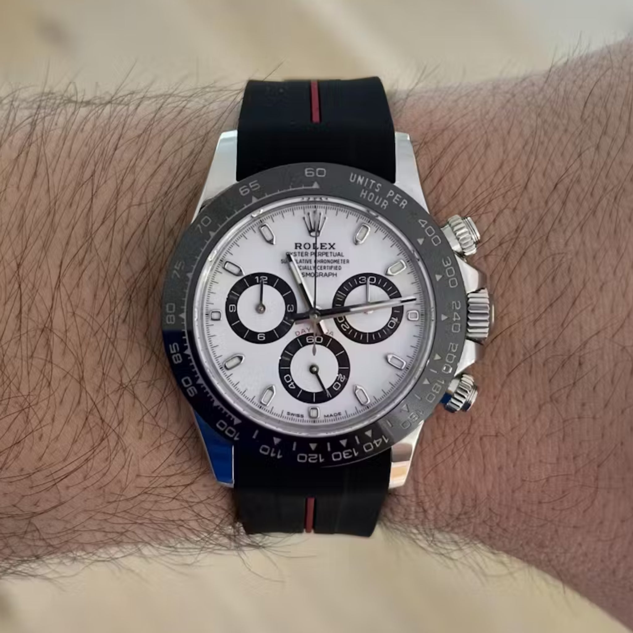 Deployant Rubber Strap - For Rolex Daytona - Black w/Red Line | LuxLine® - Helvetus