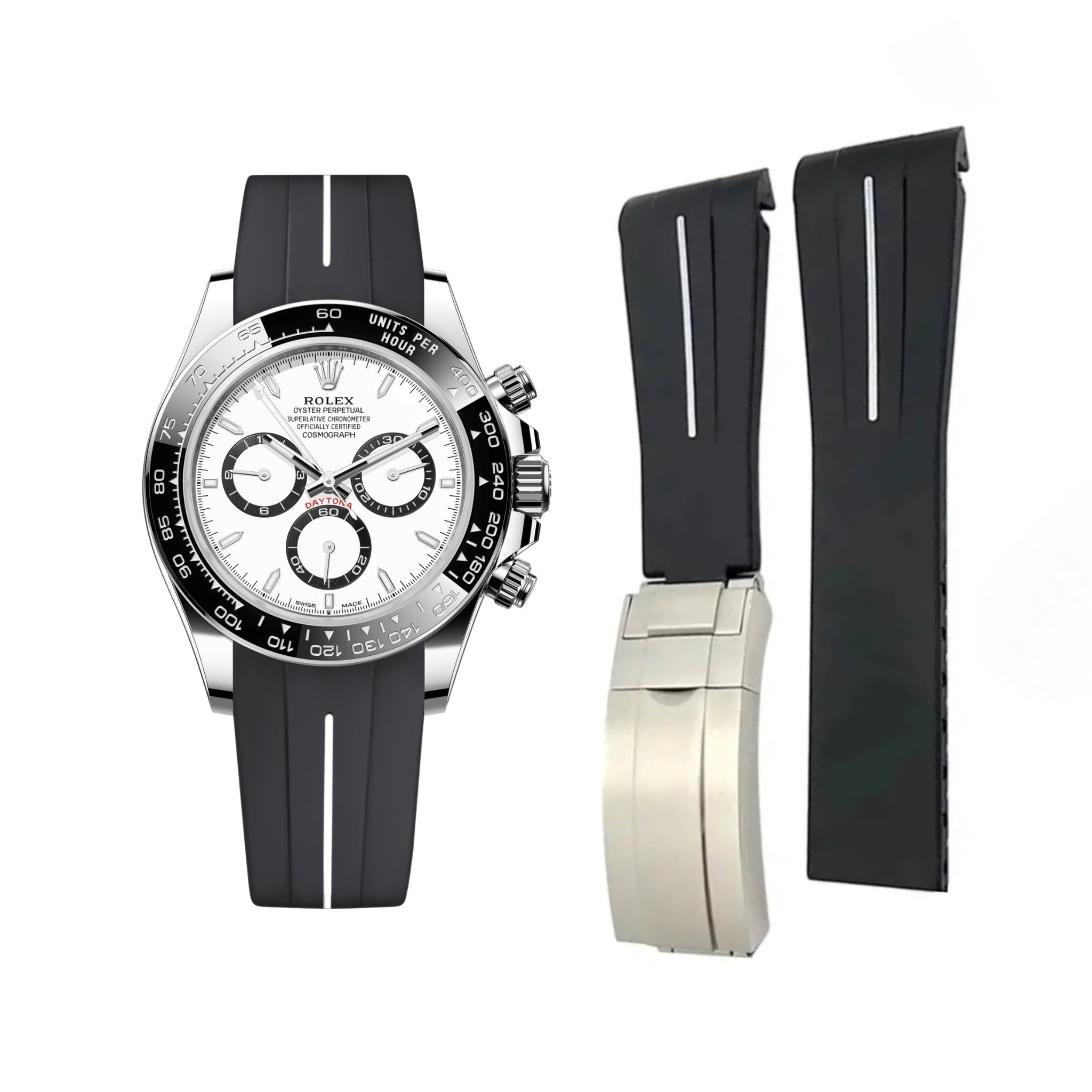 Deployant Rubber Strap - For Rolex Daytona - Black w/White Line | LuxLine® - Helvetus