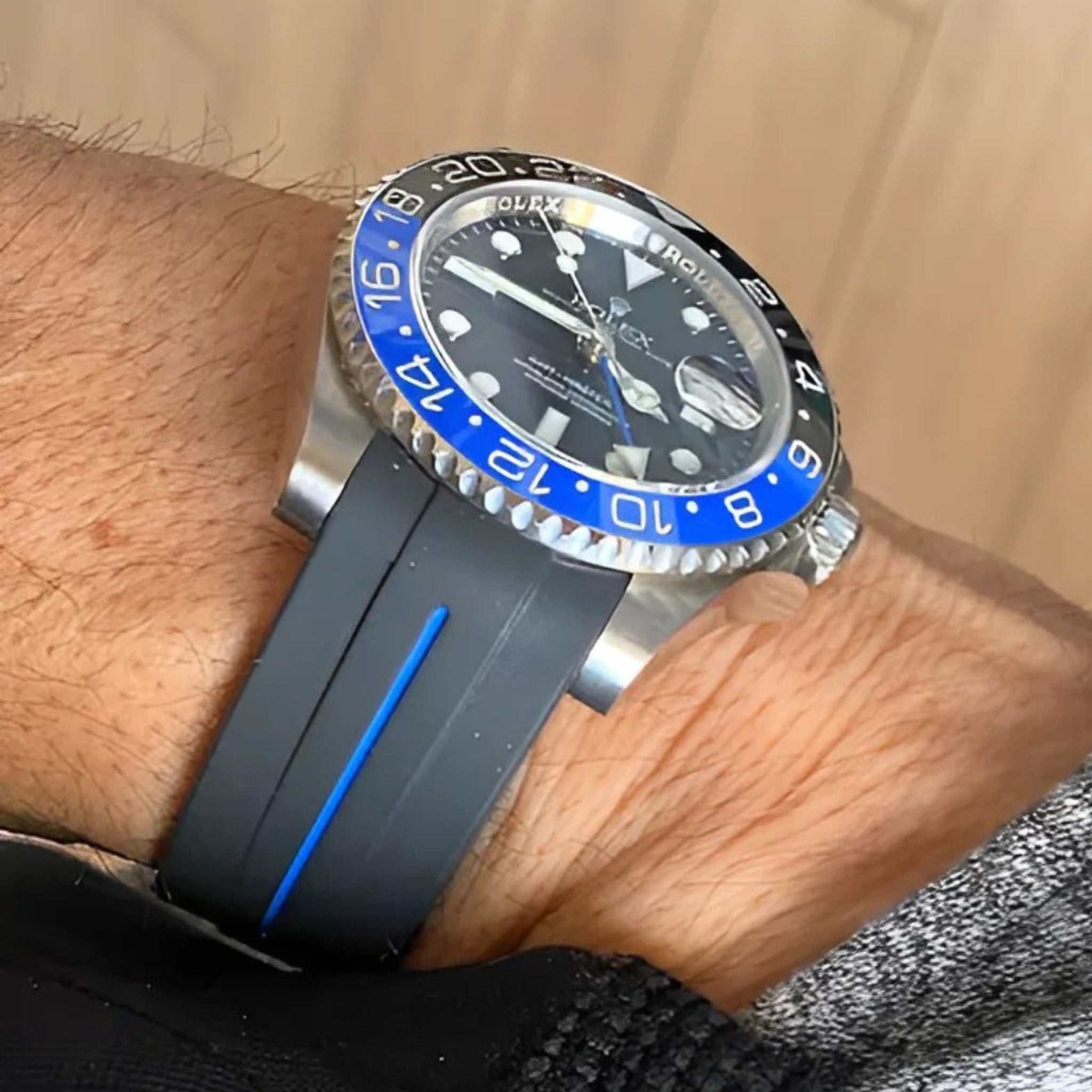 Deployant Rubber Strap - For Rolex GMT - Master II - Black w/Blue Line | LuxLine® - Helvetus