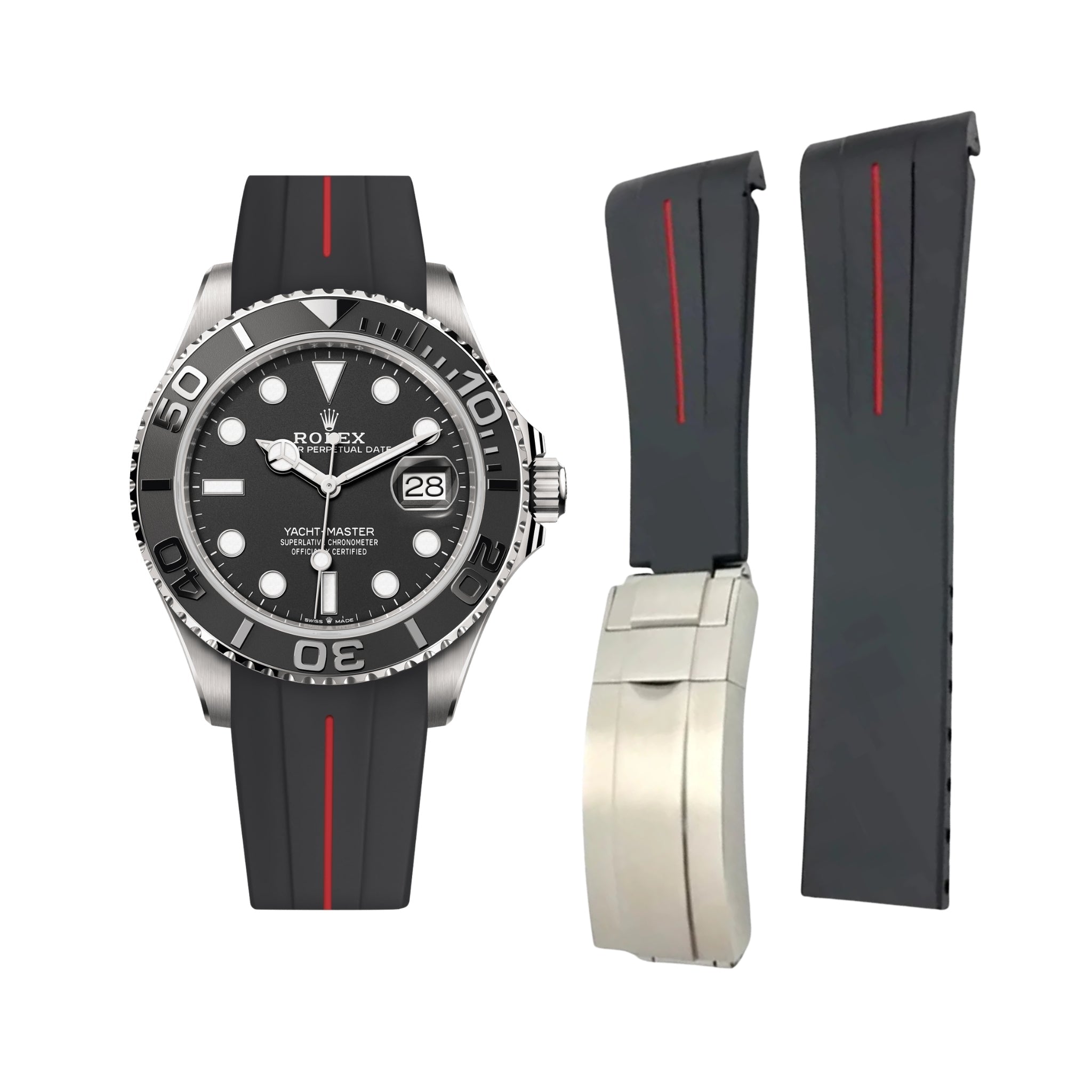 Deployant Rubber Strap - For Rolex GMT - Master II - Black w/Red Line | LuxLine® - Helvetus