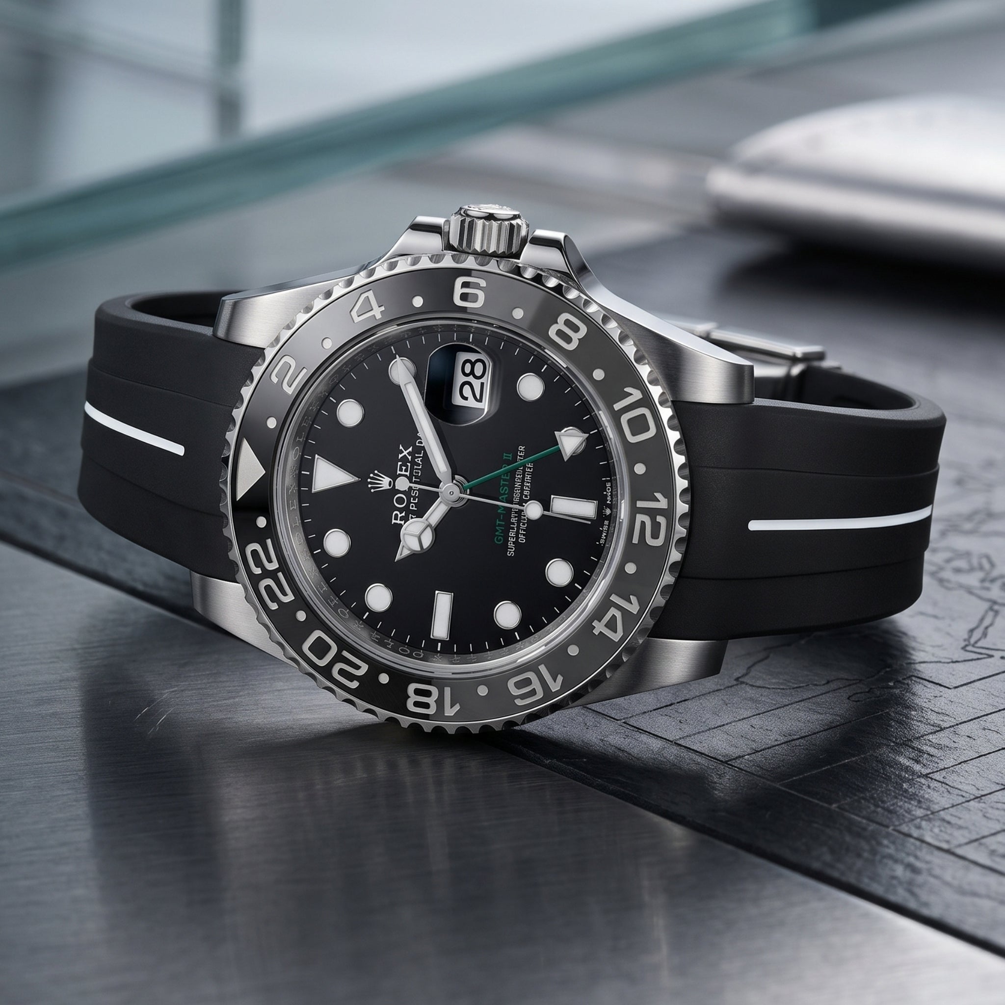 Deployant Rubber Strap - For Rolex GMT-Master II - Black w/White Line | LuxLine® - Helvetus