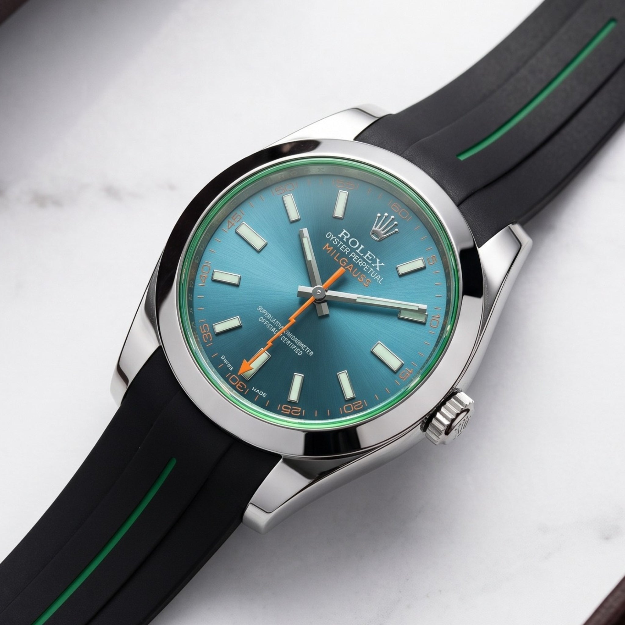 Deployant Rubber Strap - For Rolex Milgauss - Black w/Green Line | LuxLine® - Helvetus
