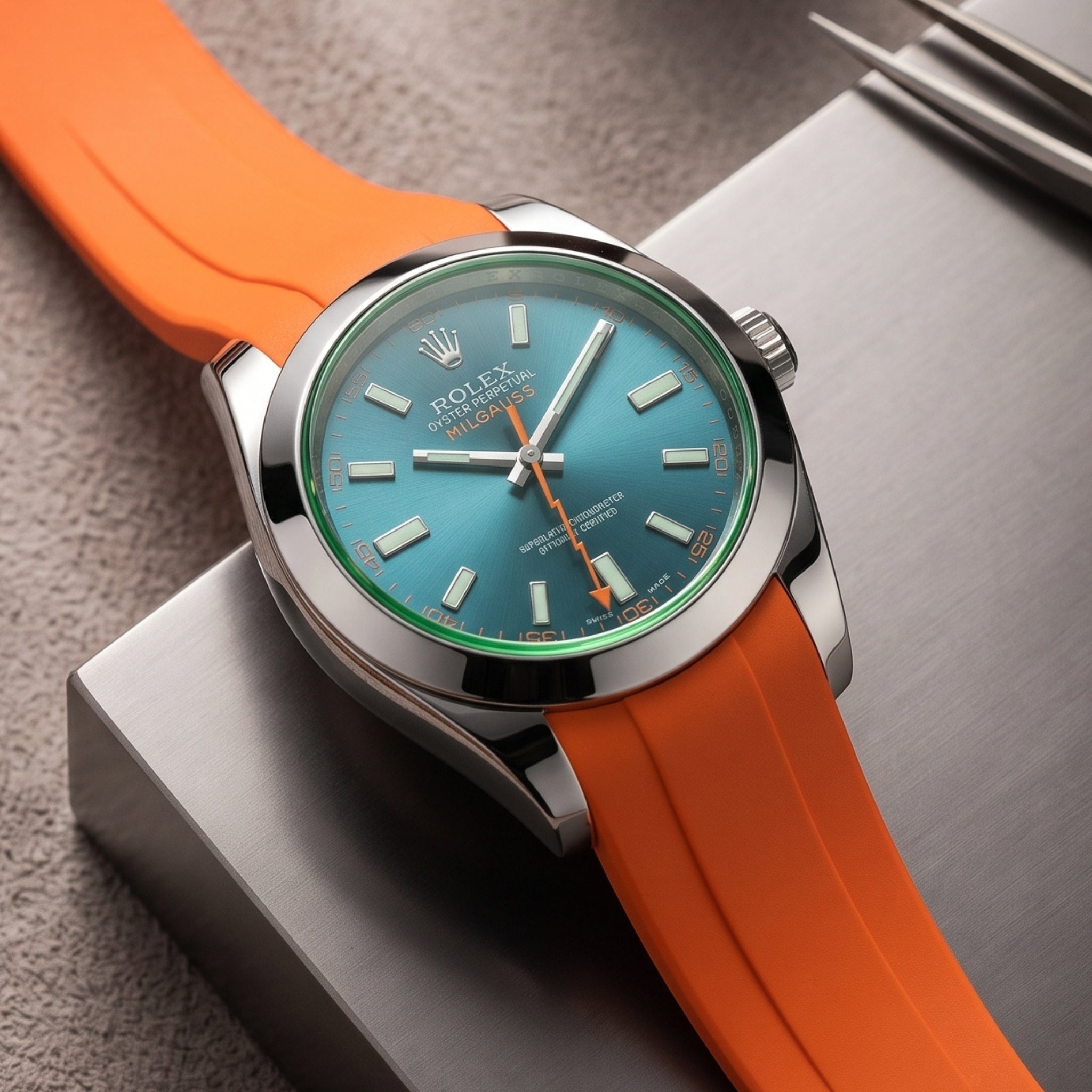 Deployant Rubber Strap - For Rolex Milgauss - Orange - Helvetus