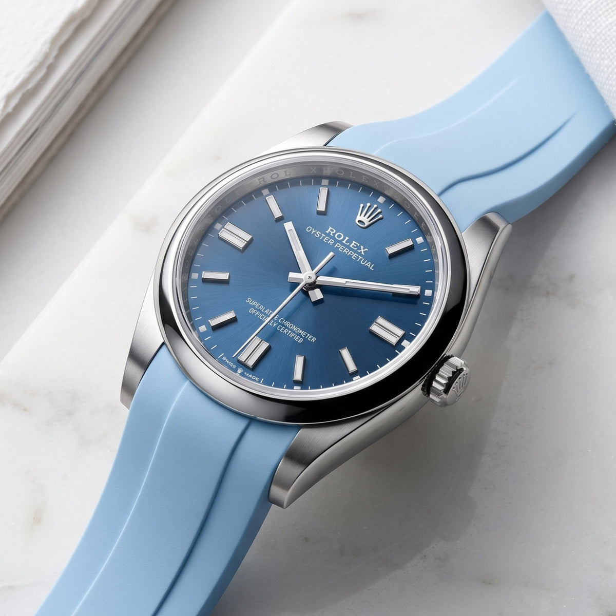 Deployant Rubber Strap - For Rolex Oyster Perpetual 36mm - Baby Blue - Helvetus