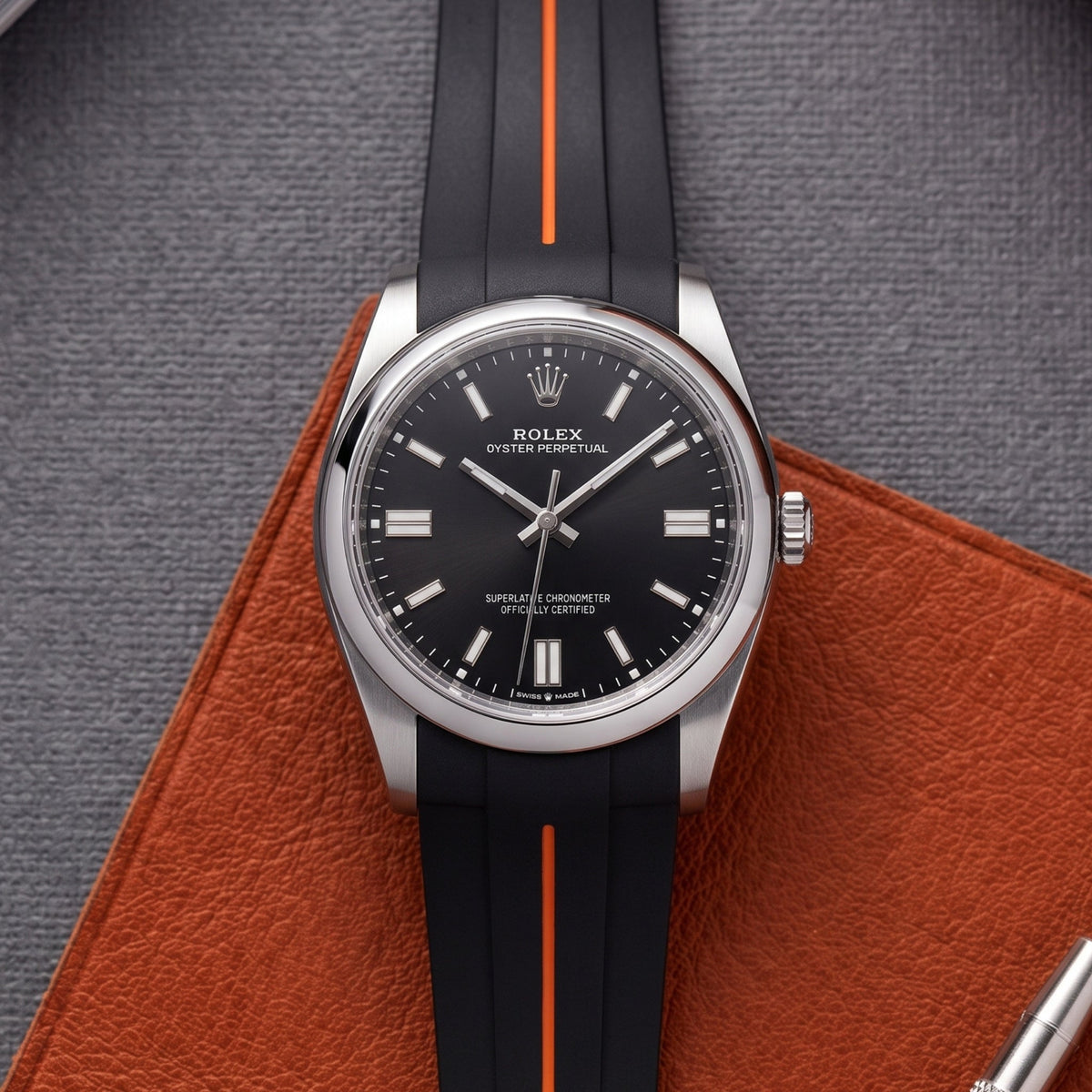 Deployant Rubber Strap - For Rolex Oyster Perpetual 36mm - Black w/Orange Line | LuxLine® - Helvetus