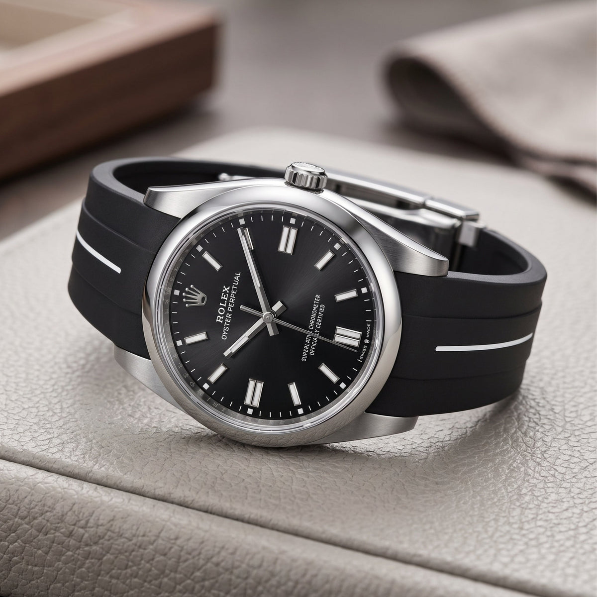 Deployant Rubber Strap - For Rolex Oyster Perpetual 36mm - Black w/White Line | LuxLine® - Helvetus