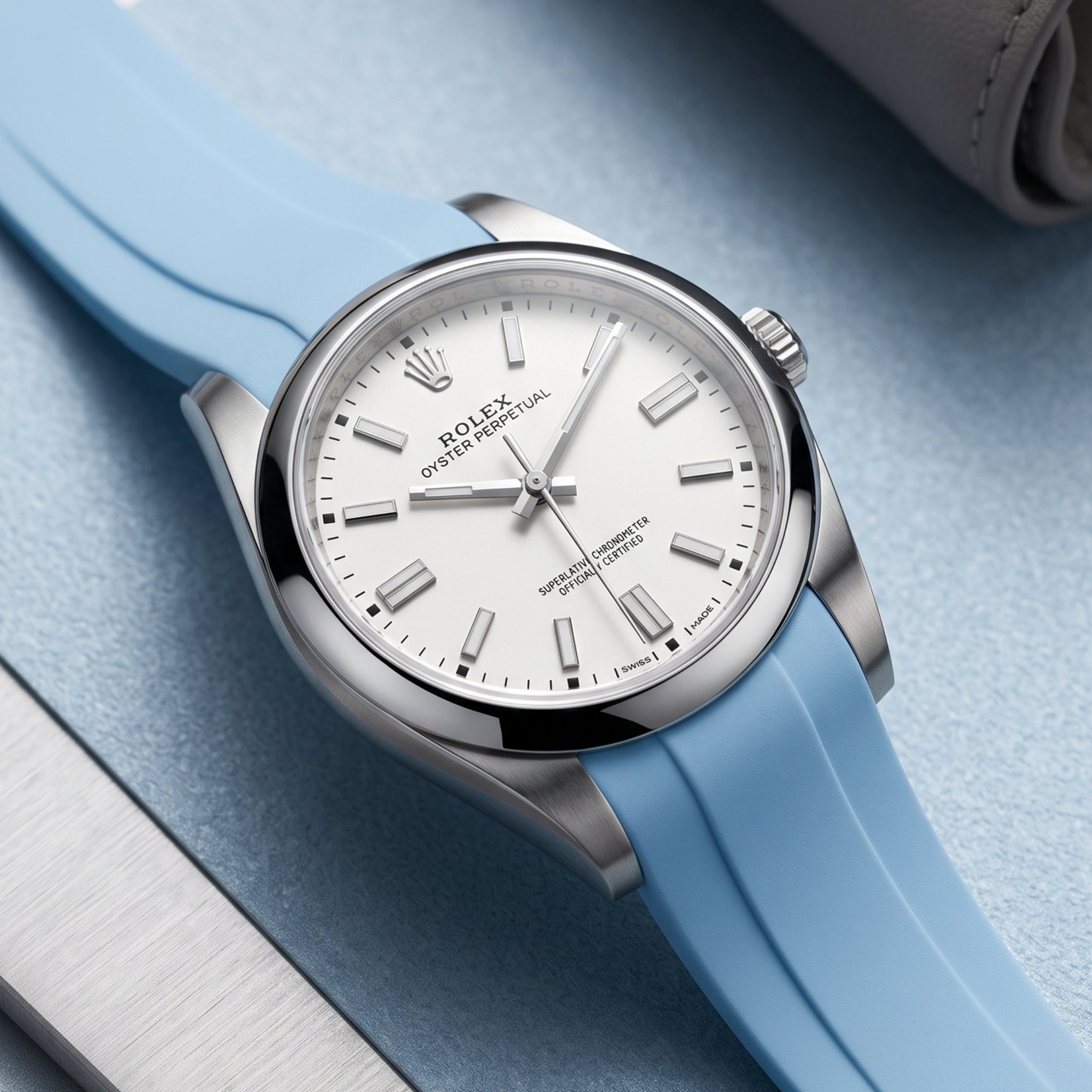 Deployant Rubber Strap - For Rolex Oyster Perpetual 39mm - Baby Blue - Helvetus
