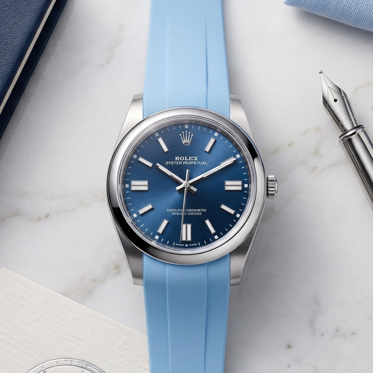 Deployant Rubber Strap - For Rolex Oyster Perpetual 41mm - Baby Blue - Helvetus