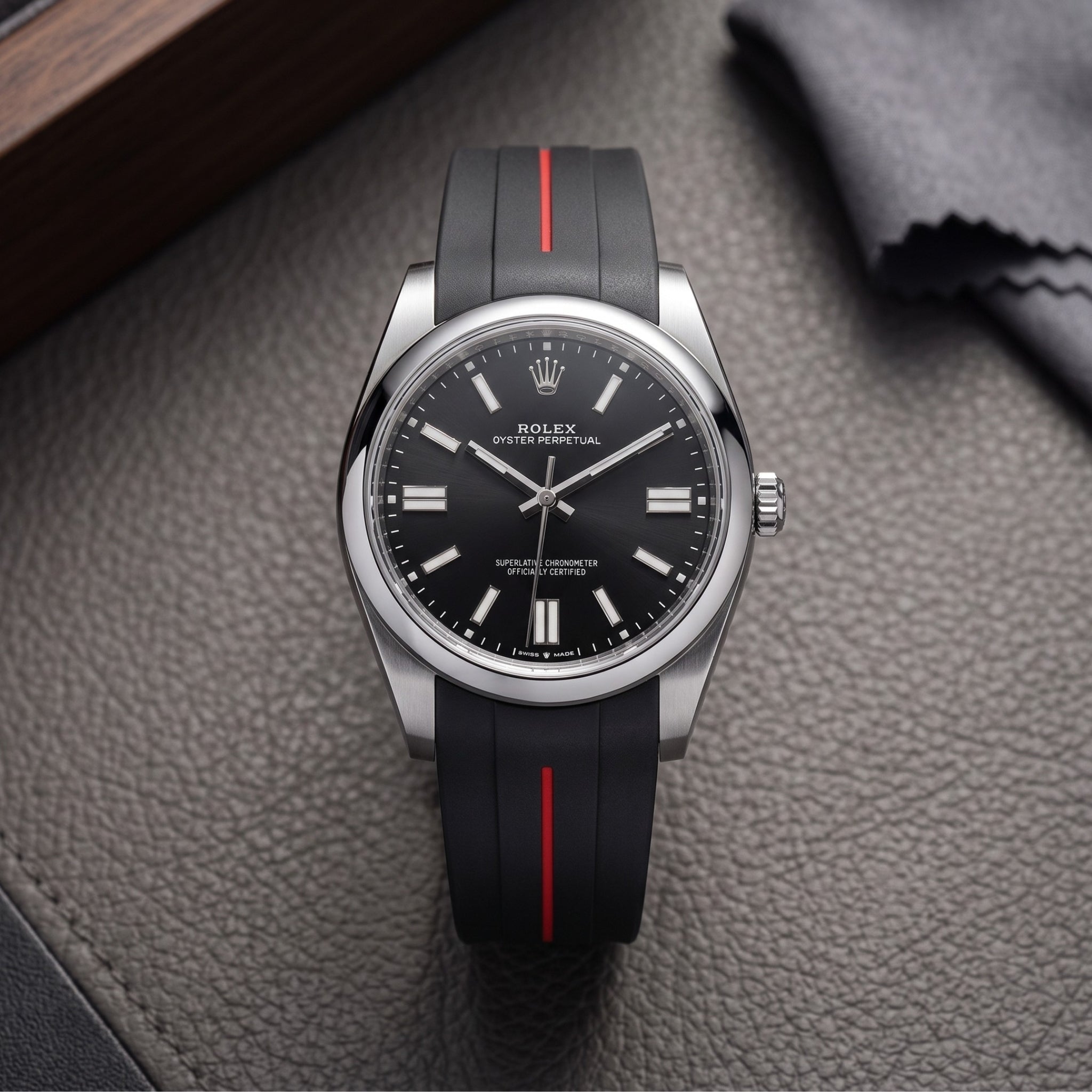 Deployant Rubber Strap - For Rolex Oyster Perpetual 41mm - Black w/Red Line | LuxLine® - Helvetus