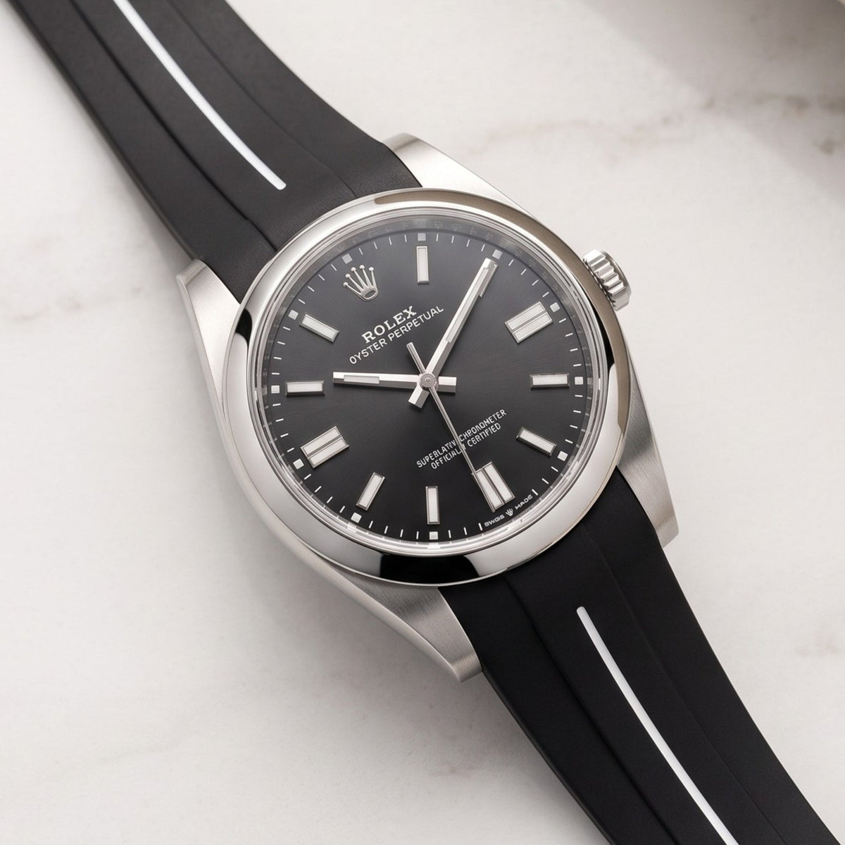 Deployant Rubber Strap - For Rolex Oyster Perpetual 41mm - Black w/White Line | LuxLine® - Helvetus