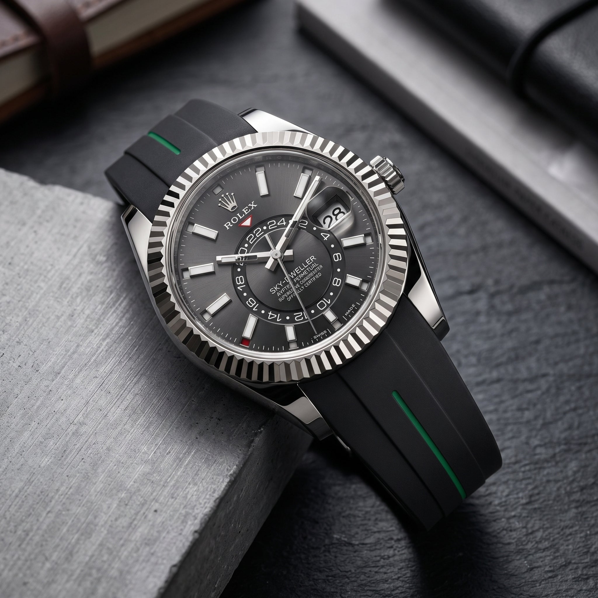 Deployant Rubber Strap - For Rolex Sky-Dweller - Black w/Green Line | LuxLine® - Helvetus