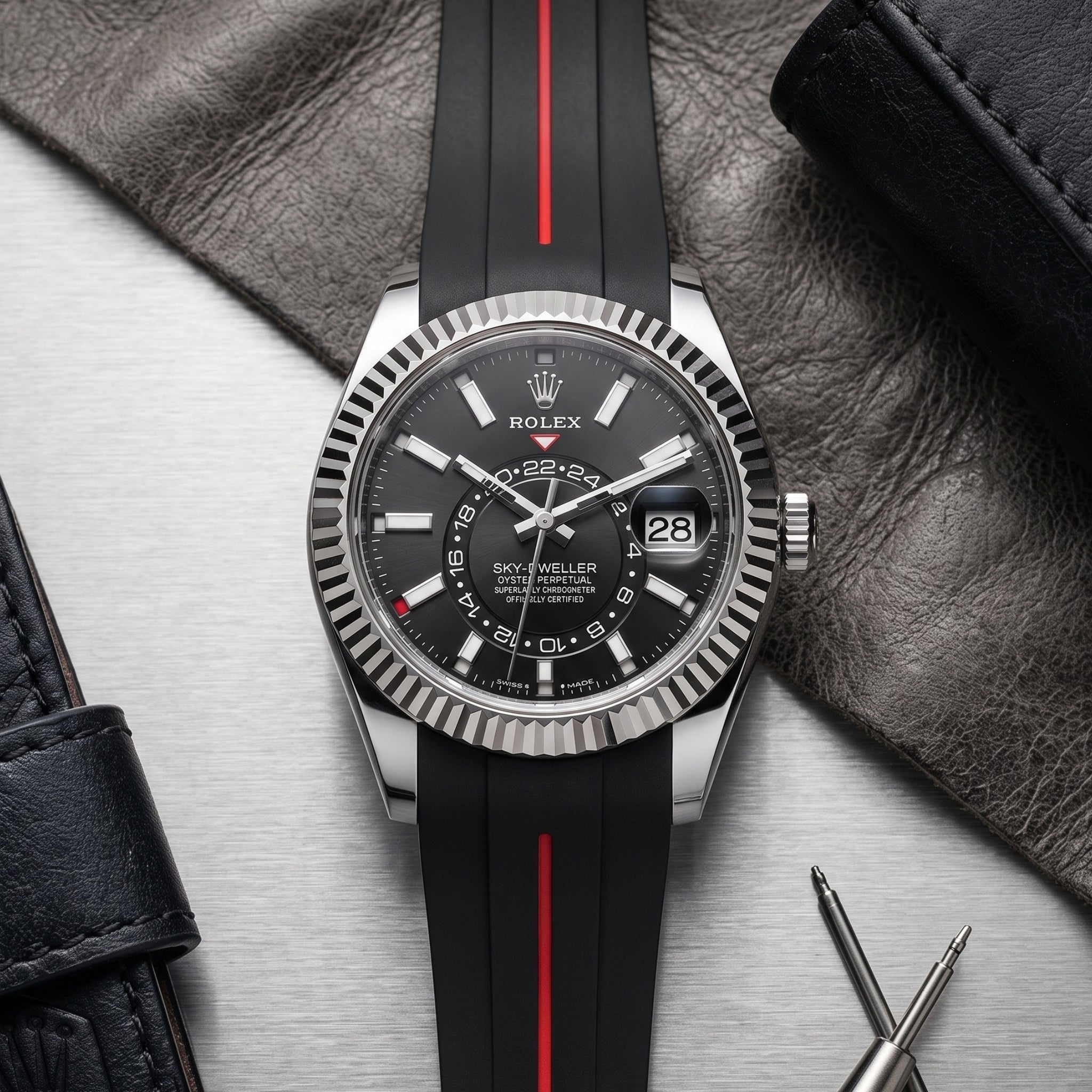 Deployant Rubber Strap - For Rolex Sky-Dweller - Black w/Red Line | LuxLine® - Helvetus