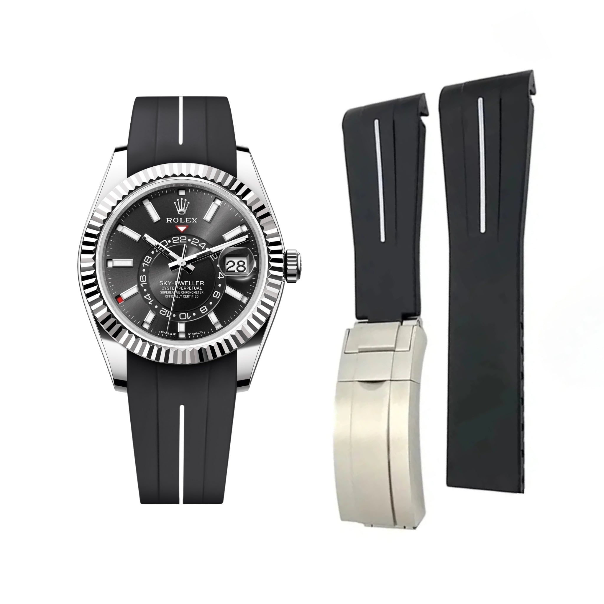 Deployant Rubber Strap - For Rolex Sky - Dweller - Black w/White Line | LuxLine® - Helvetus