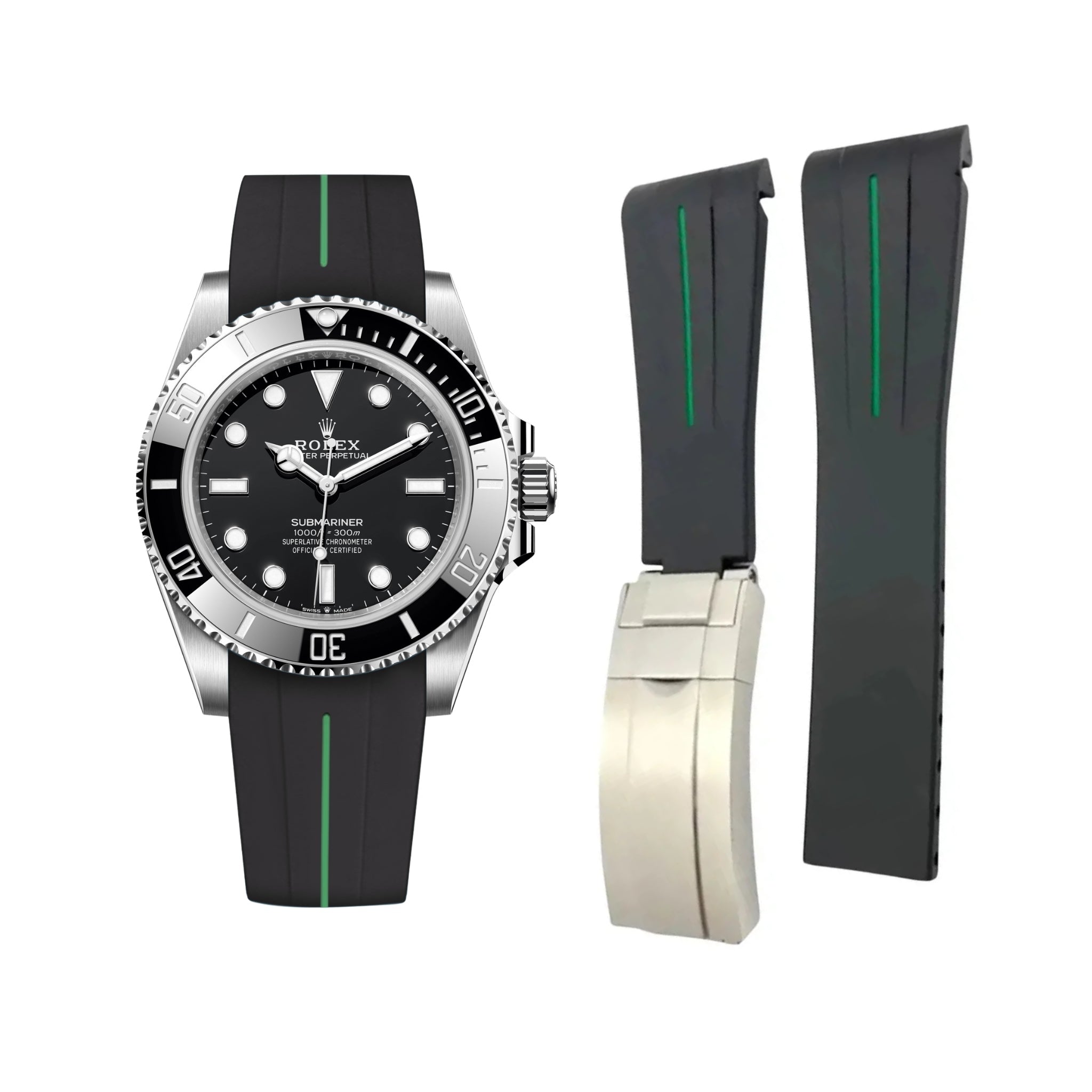 Deployant Rubber Strap - For Rolex Submariner - Black w/Green Line | LuxLine® - Helvetus