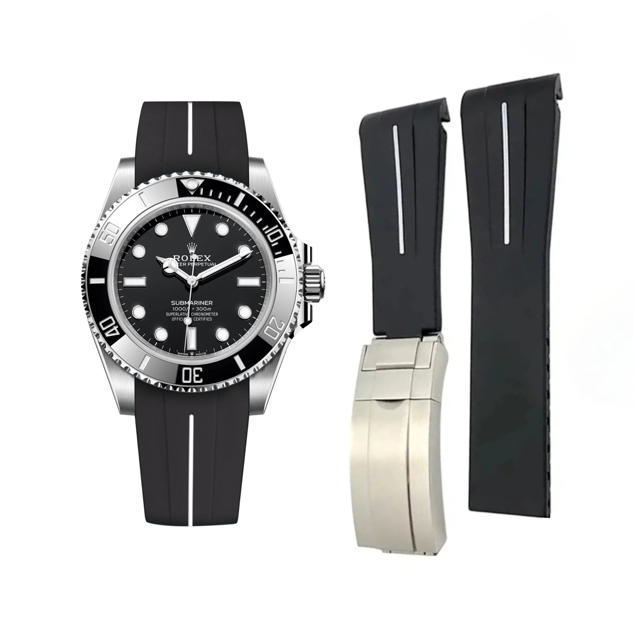 Deployant Rubber Strap - For Rolex Submariner - Black w/White Line | LuxLine® - Helvetus