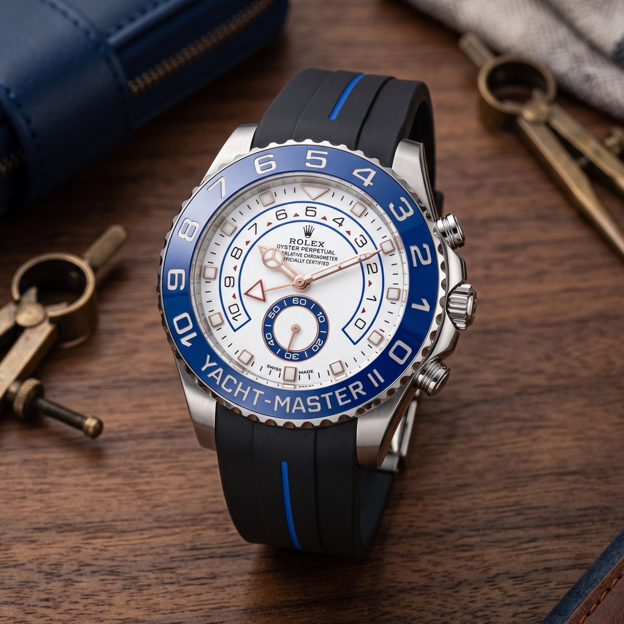 Deployant Rubber Strap - For Rolex Yacht-Master II 44mm - Black w/Blue Line | LuxLine® - Helvetus