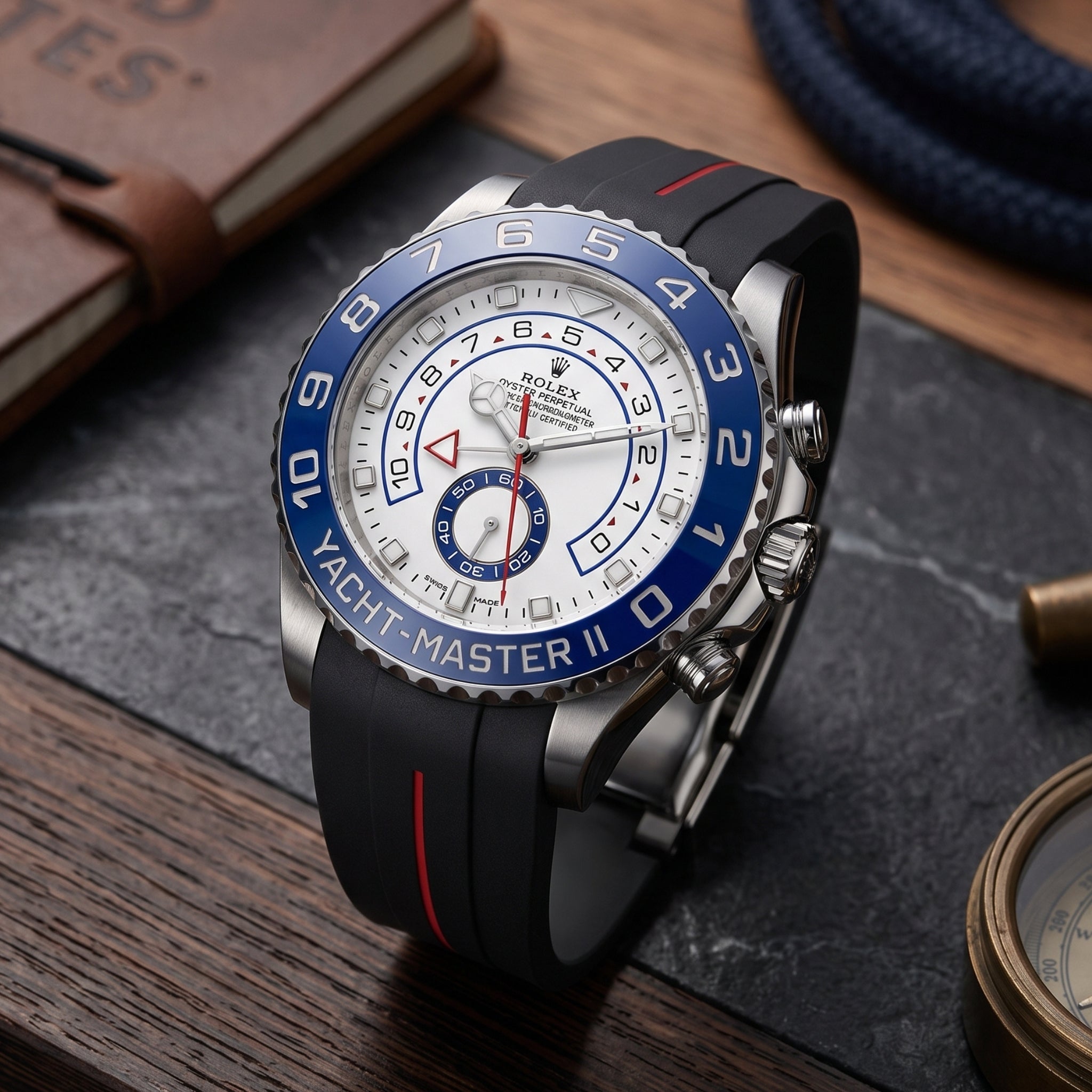 Deployant Rubber Strap - For Rolex Yacht-Master II 44mm - Black w/Red Line | LuxLine® - Helvetus