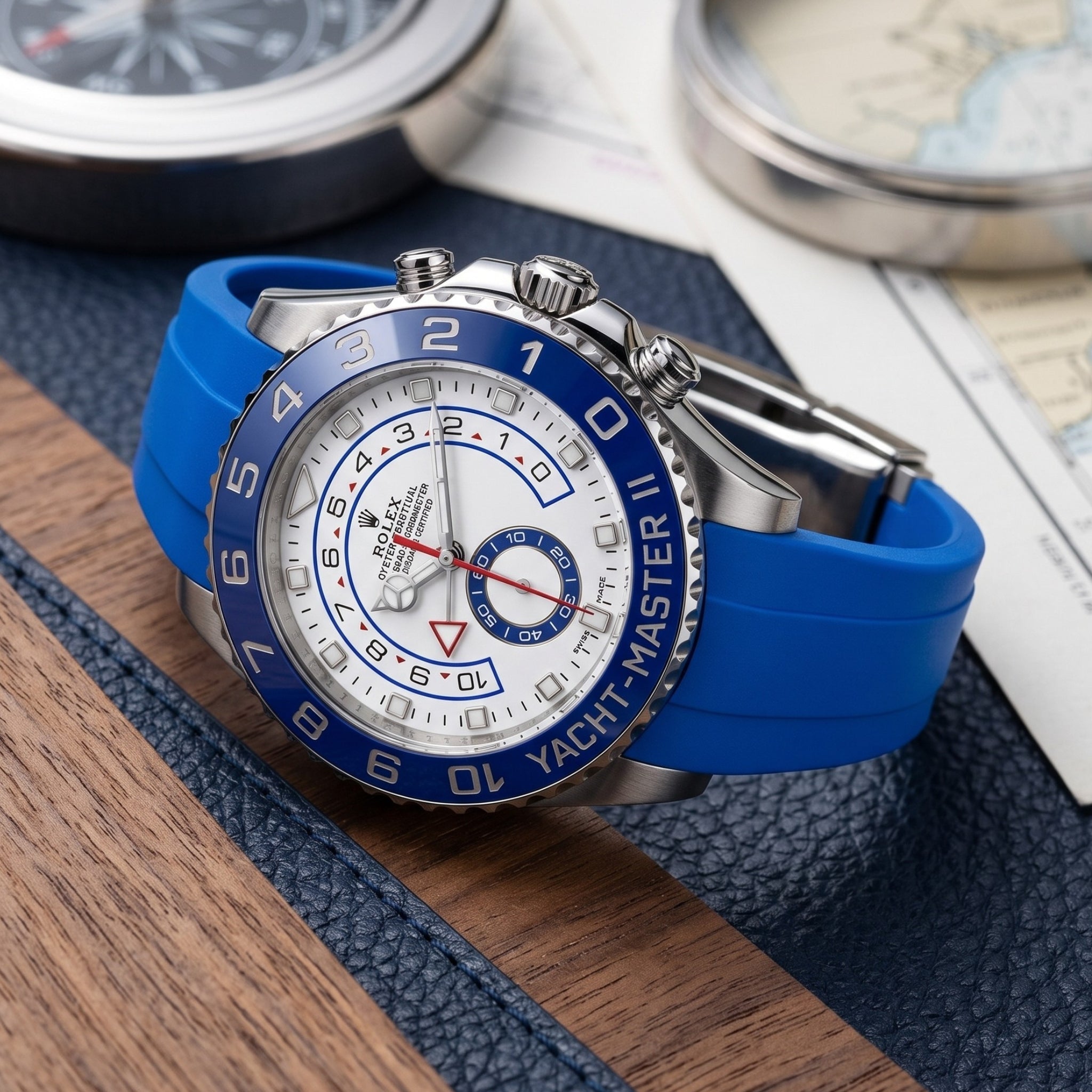 Deployant Rubber Strap - For Rolex Yacht-Master II 44mm - Blue - Helvetus