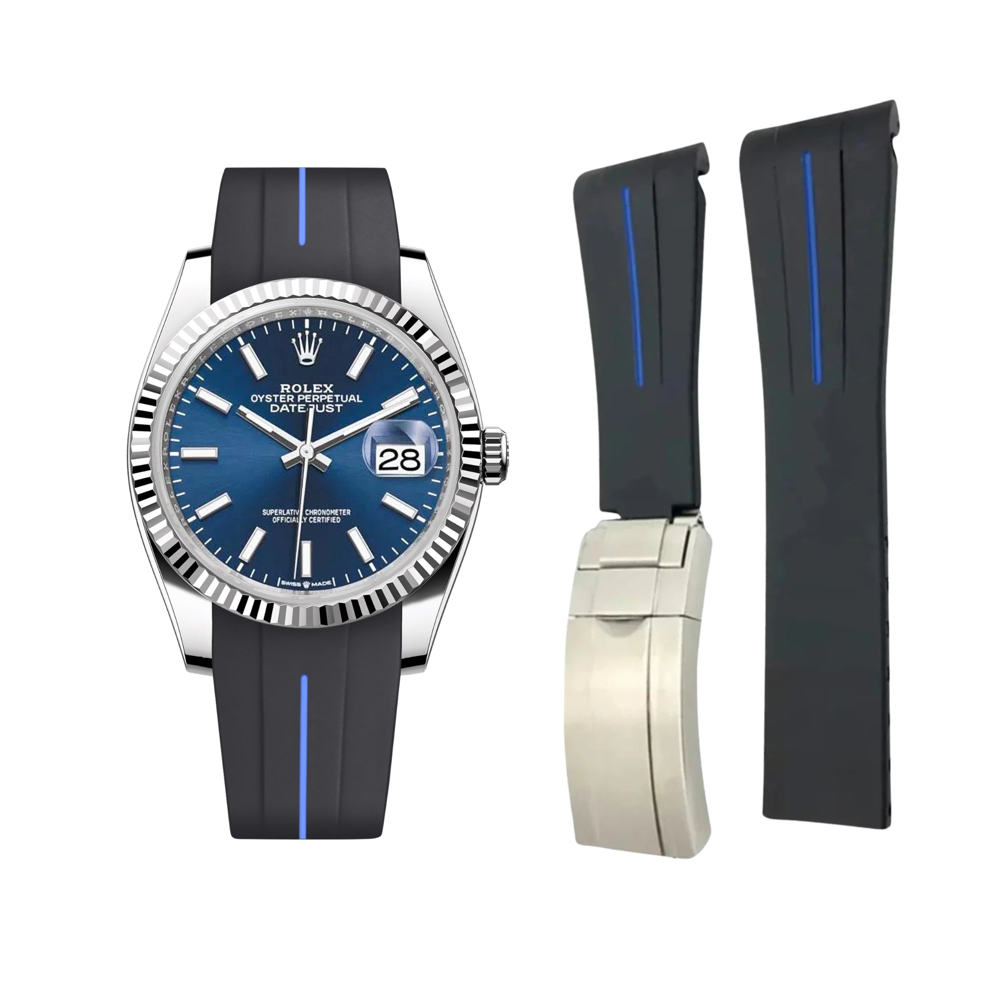 Deployant Strap - For Rolex Datejust 36 - Black w/Blue Line | LuxLine® - Helvetus