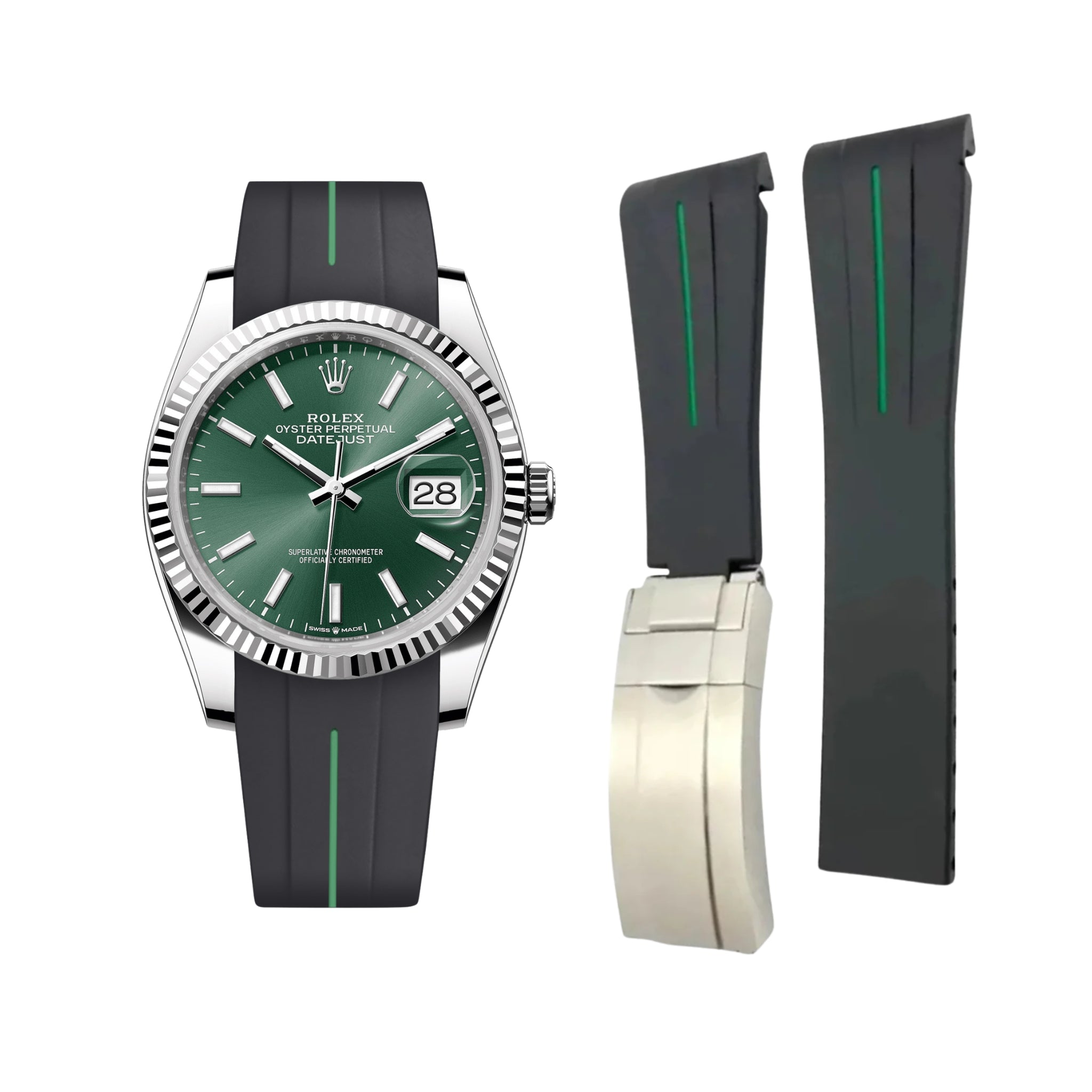 Deployant Strap - For Rolex Datejust 36 - Black w/Green Line | LuxLine® - Helvetus