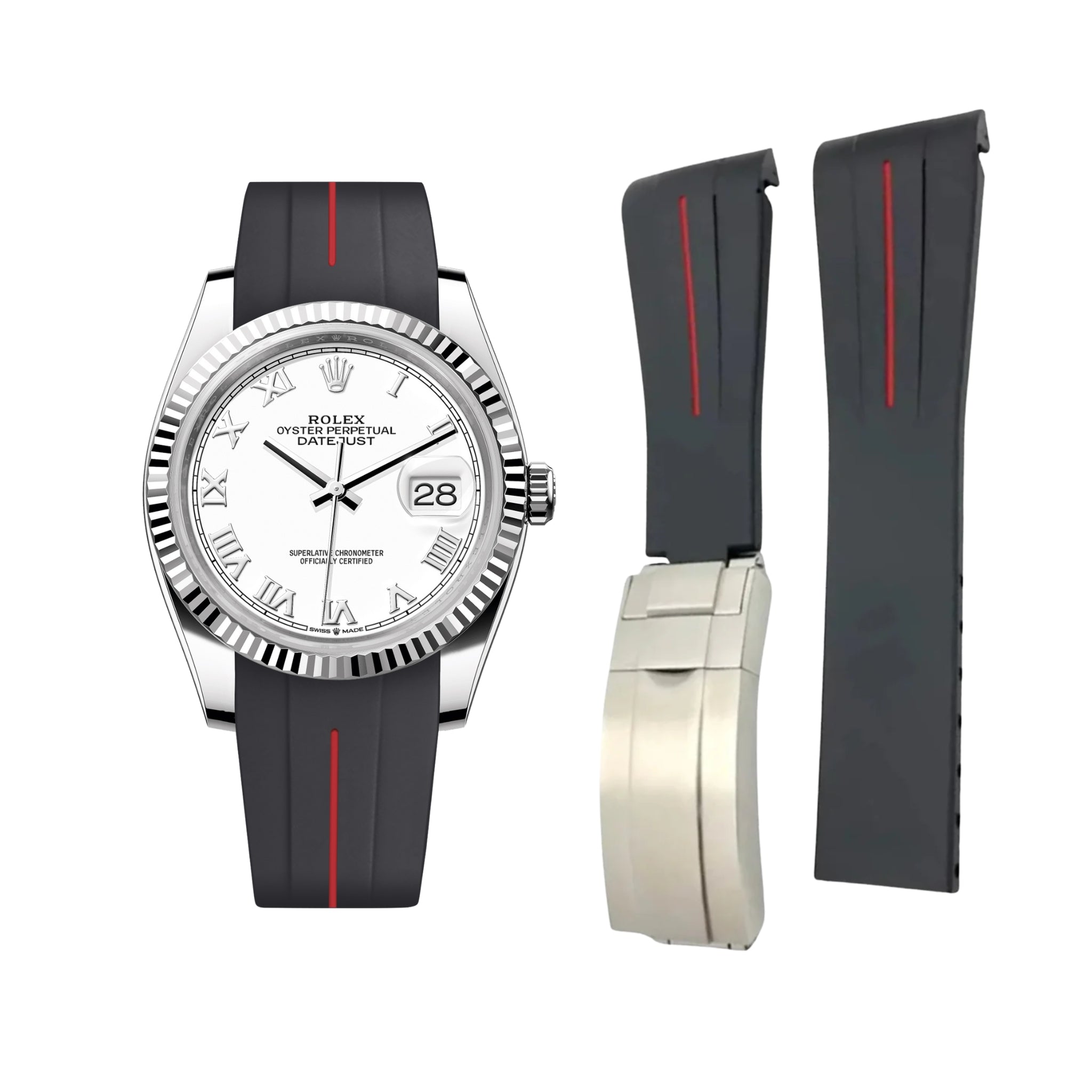 Deployant Strap - For Rolex Datejust 36 - Black w/Red Line | LuxLine® - Helvetus