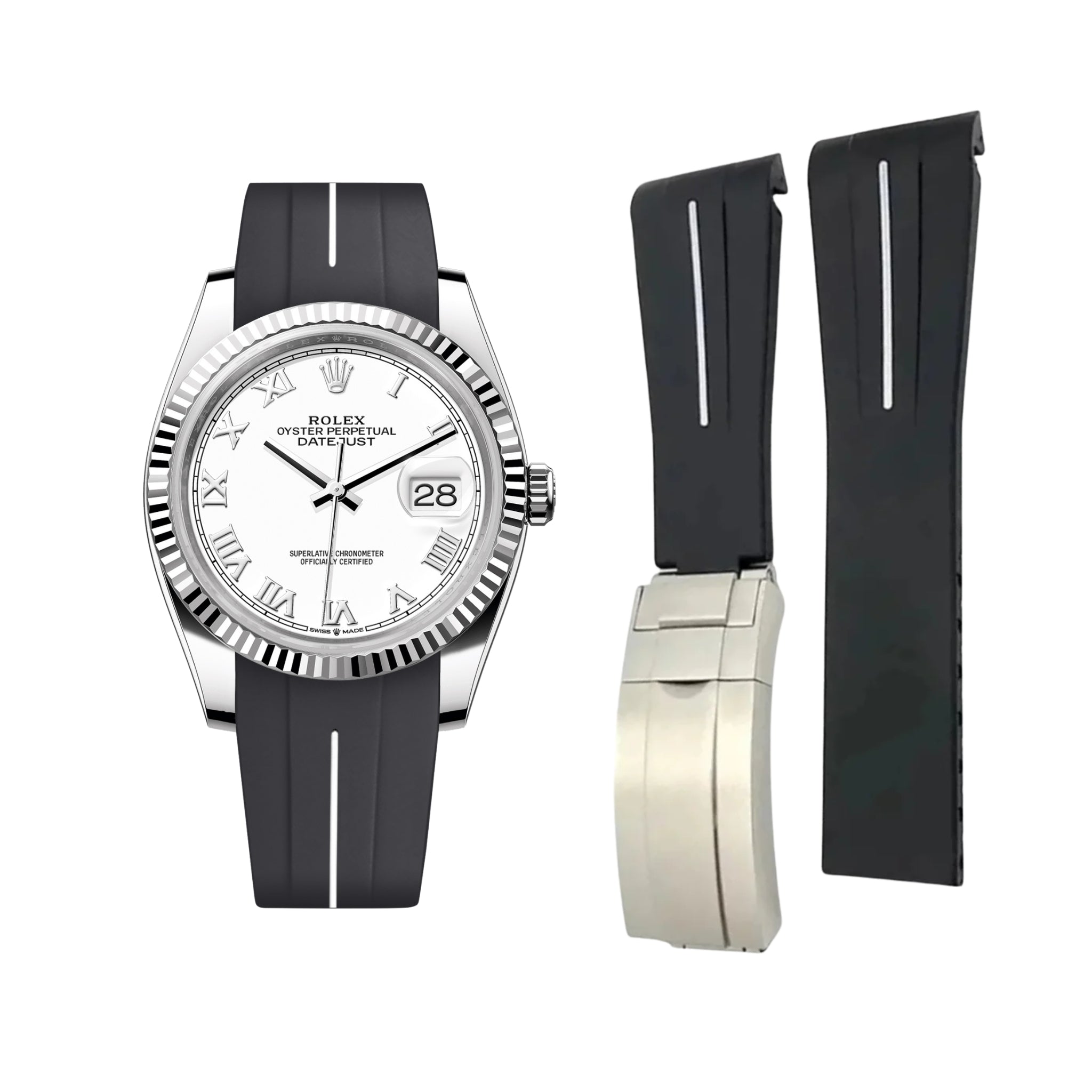Deployant Strap - For Rolex Datejust 36 - Black w/White Line | LuxLine® - Helvetus