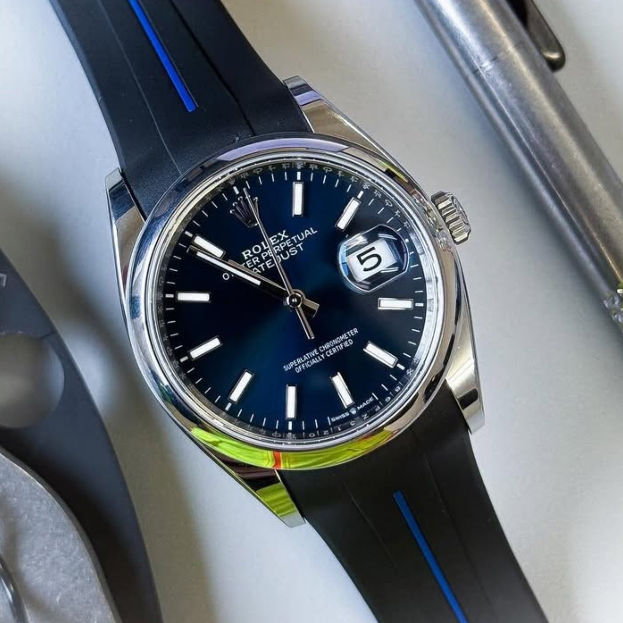 Deployant Strap - For Rolex Datejust 41mm - Black w/Blue Line | LuxLine® - Helvetus