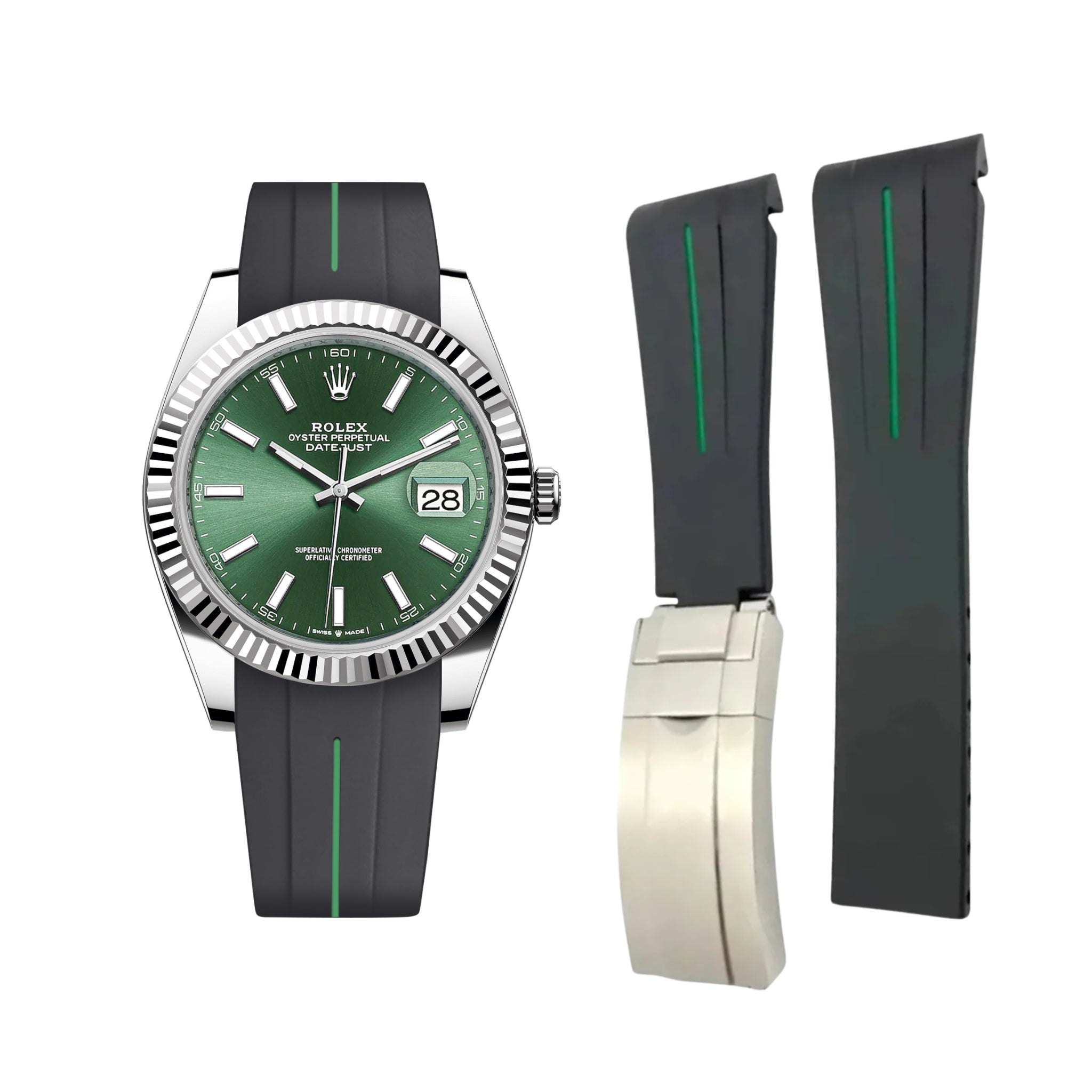 Deployant Strap - For Rolex Datejust 41mm - Black w/Green Line | LuxLine® - Helvetus