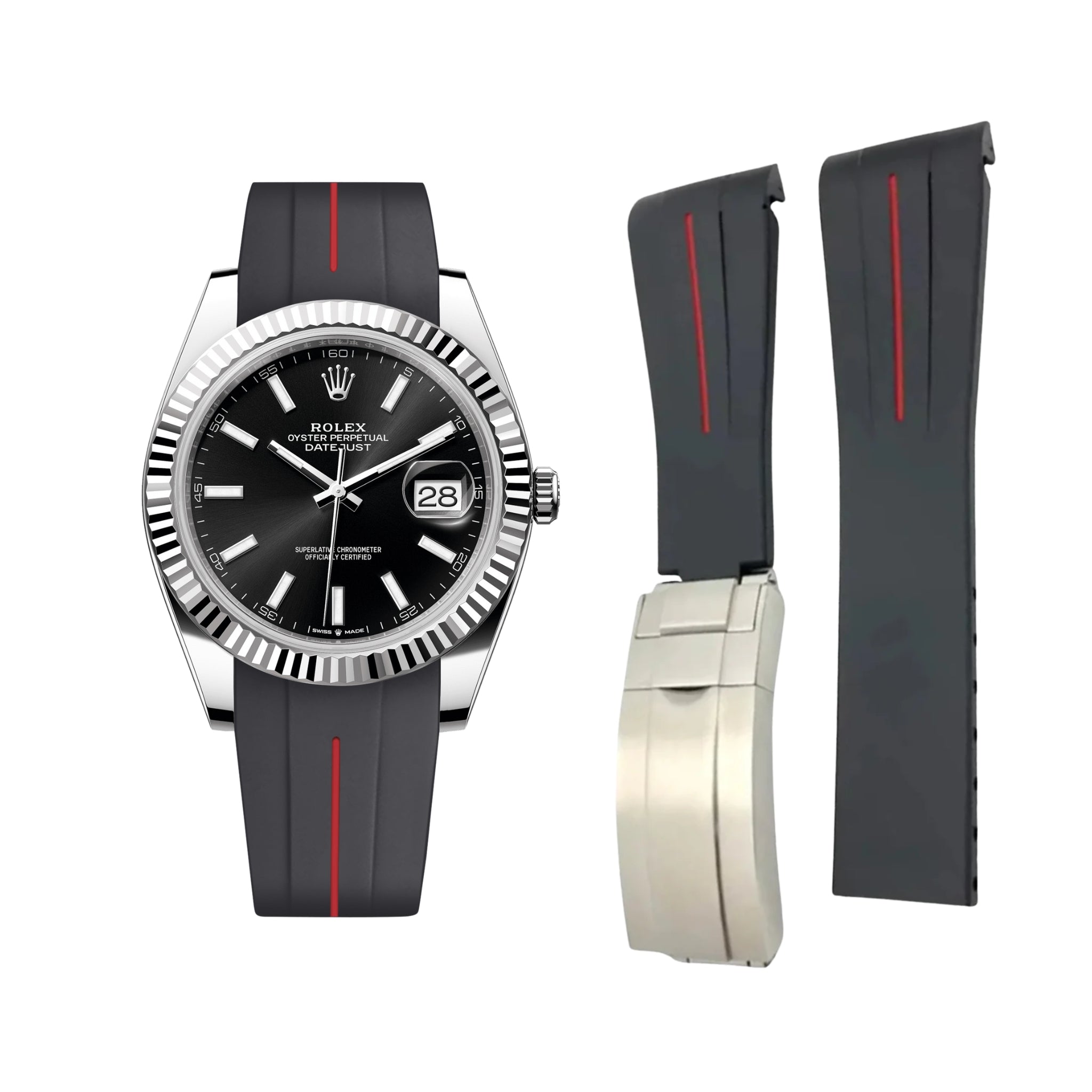 Deployant Strap - For Rolex Datejust 41mm - Black w/Red Line | LuxLine® - Helvetus