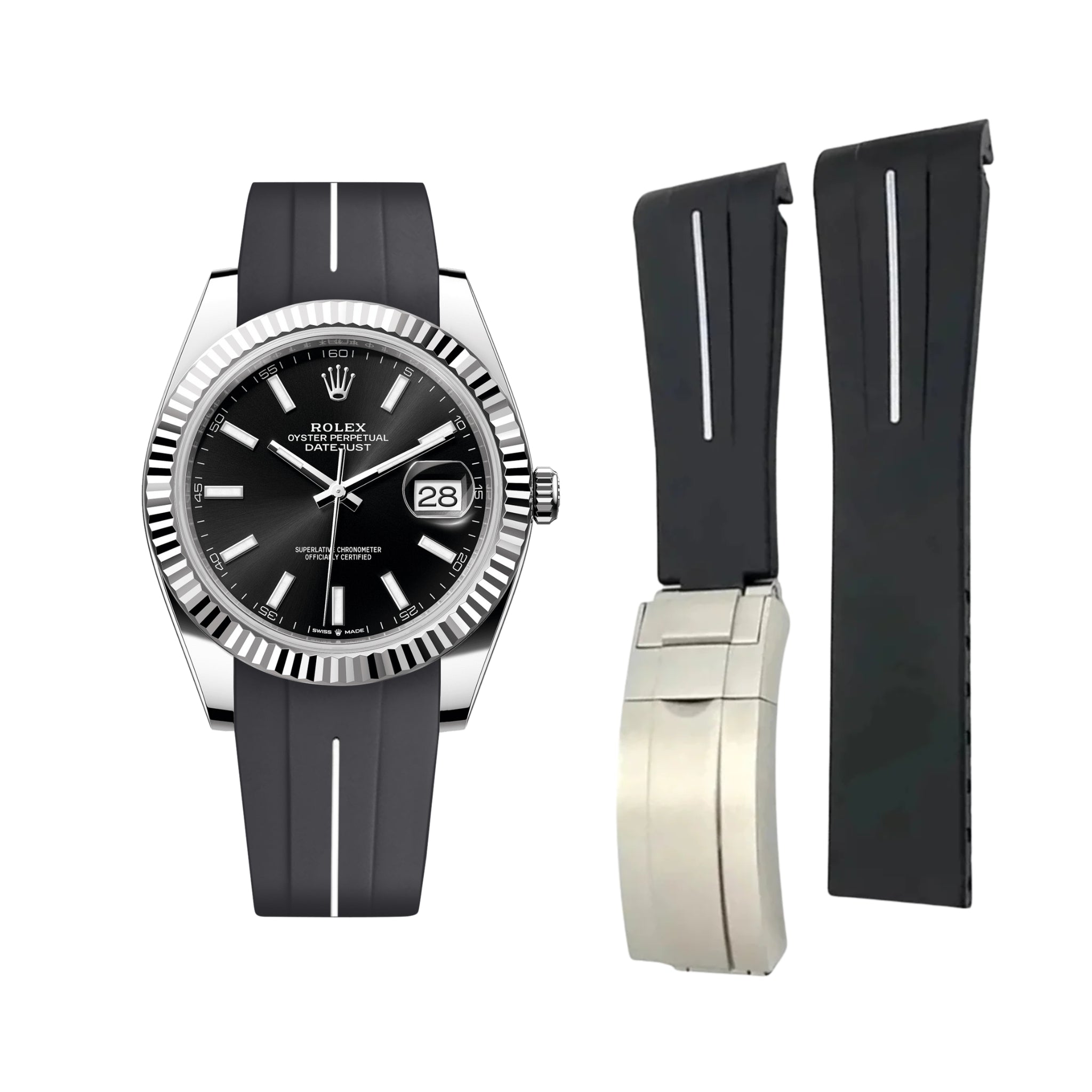Deployant Strap - For Rolex Datejust 41mm - Black w/White Line | LuxLine® - Helvetus