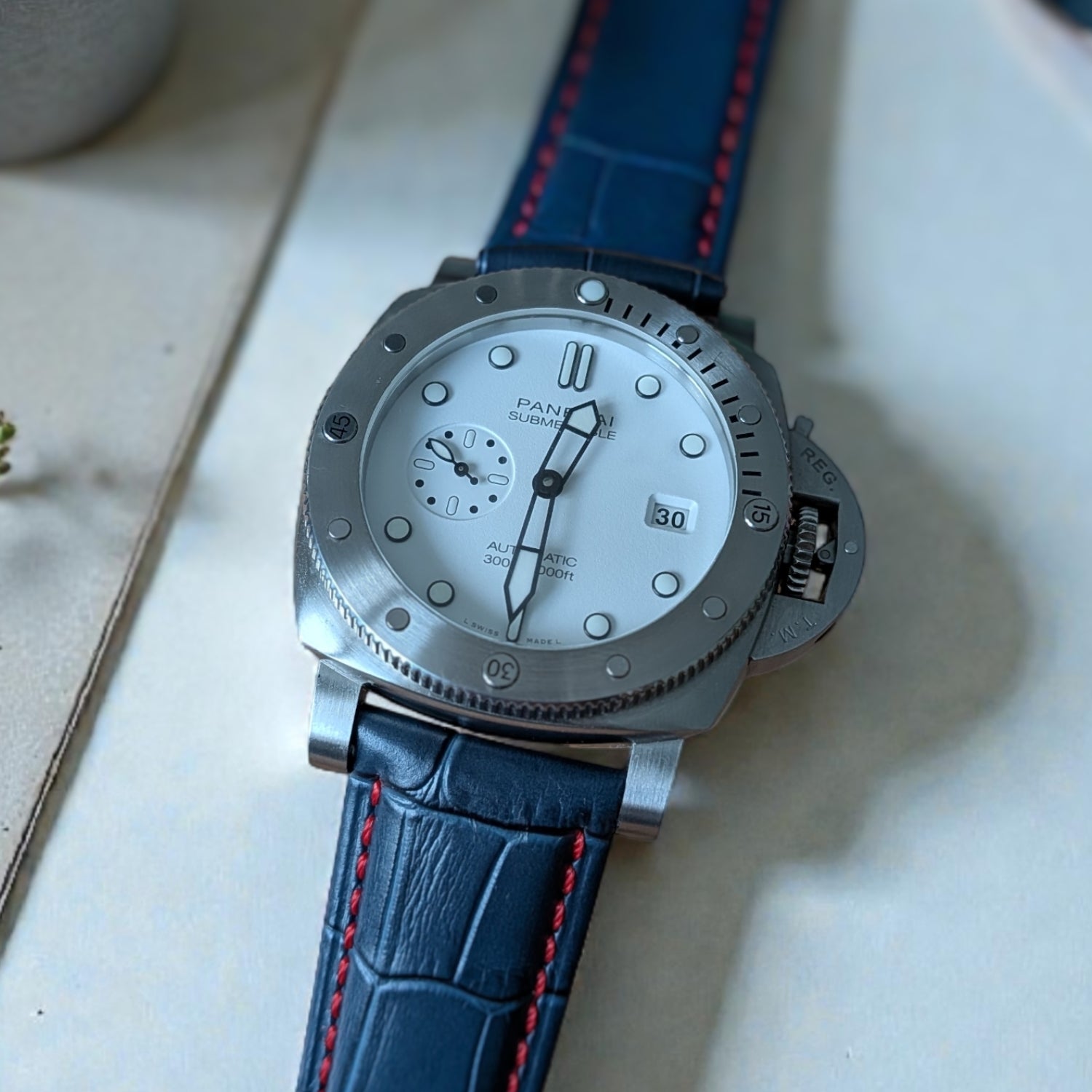 Leather Pattern Strap - For Panerai - Blue/Red - Helvetus