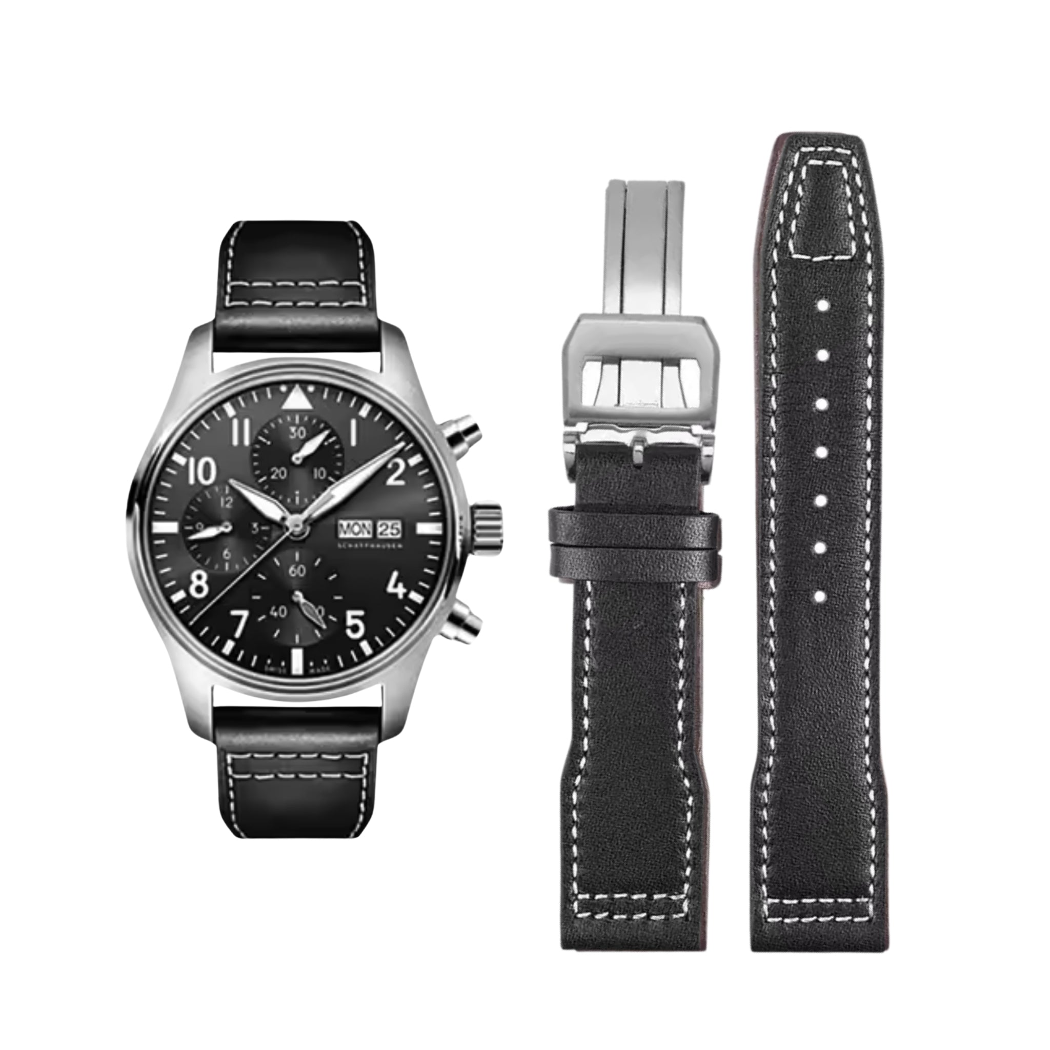 Leather Strap - For IWC Pilot - Black - Without Rivets - Helvetus