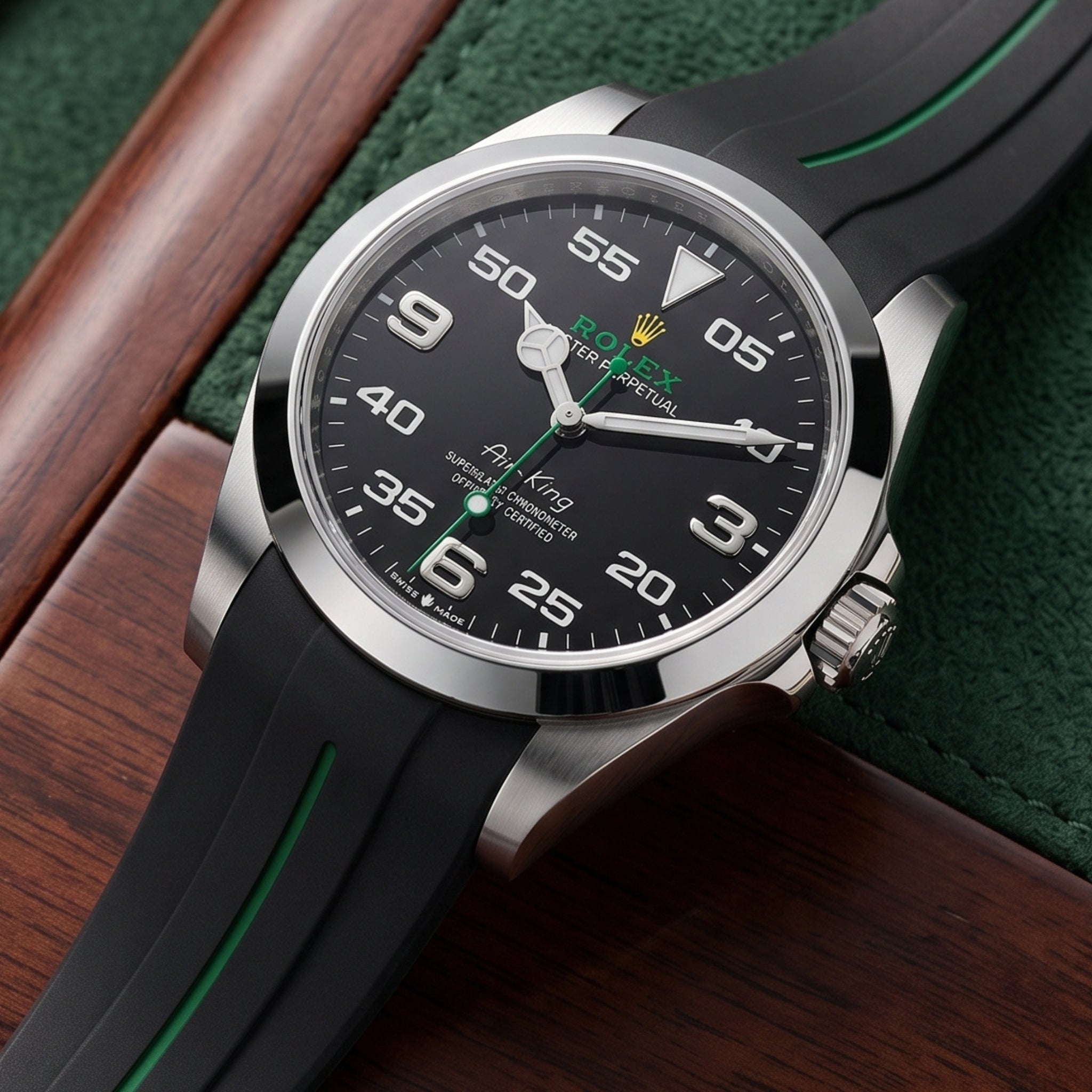 Deployant Rubber Strap - For Rolex Air-King 126900/116900 - Black/Green | LuxLine®