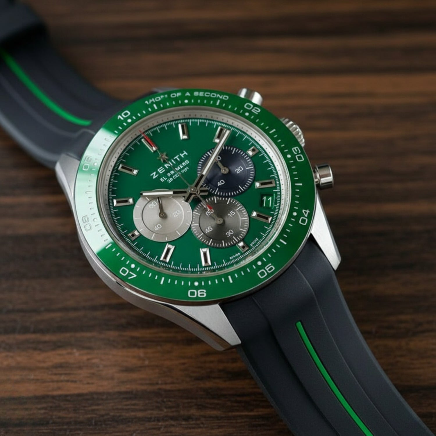 Rubber Strap - For all Zenith Chronomaster Models - Black w/Green Line | LuxLine® - Helvetus