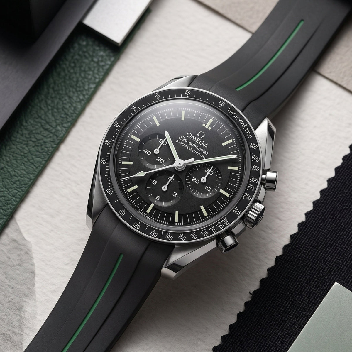 Rubber Strap - For Omega Speedmaster - Black w/Green Line | LuxLine® - Helvetus