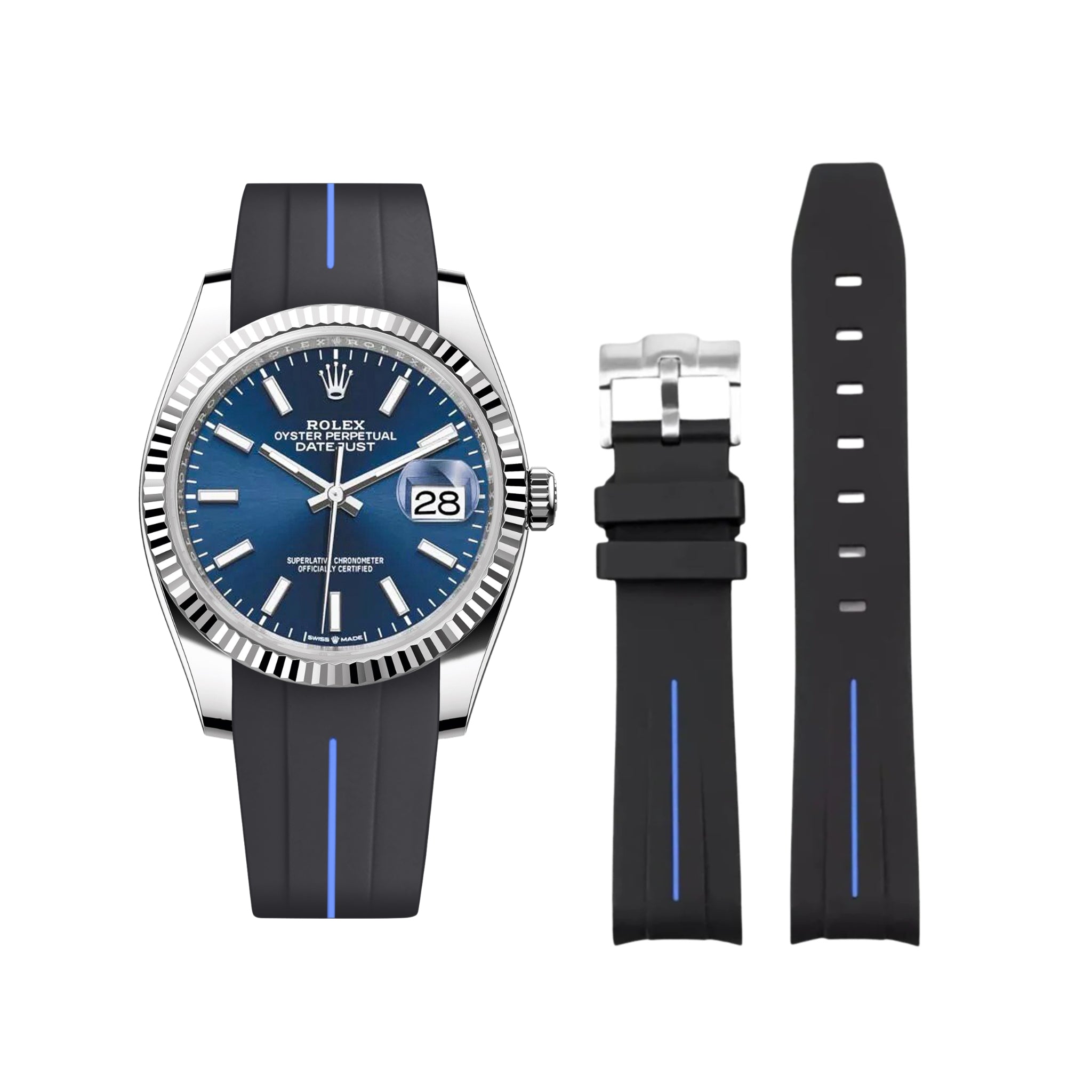 Rubber Strap - For Rolex Datejust 36 - Black w/Blue Line | LuxLine® - Helvetus