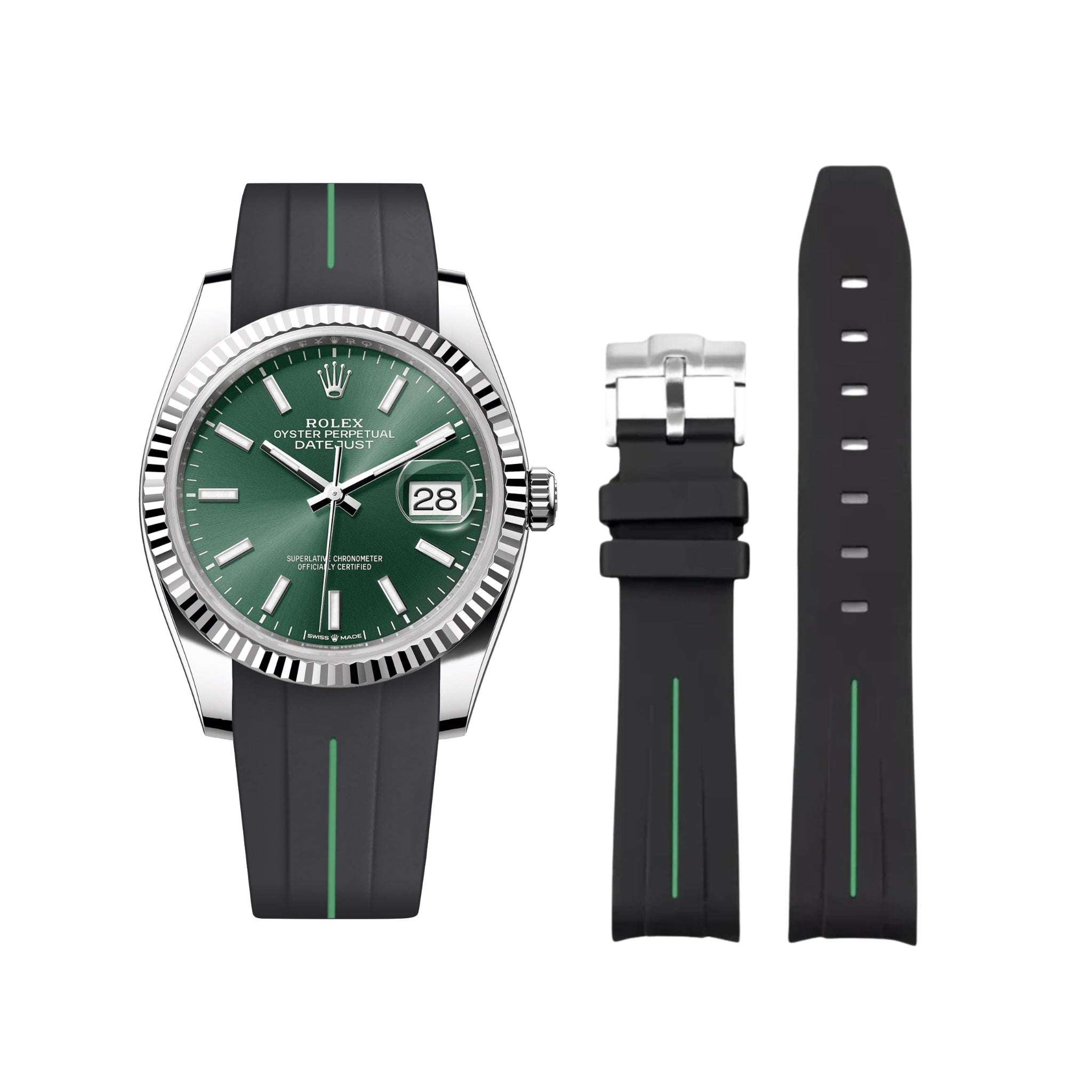 Rubber Strap - For Rolex Datejust 36 - Black w/Green Line | LuxLine® - Helvetus