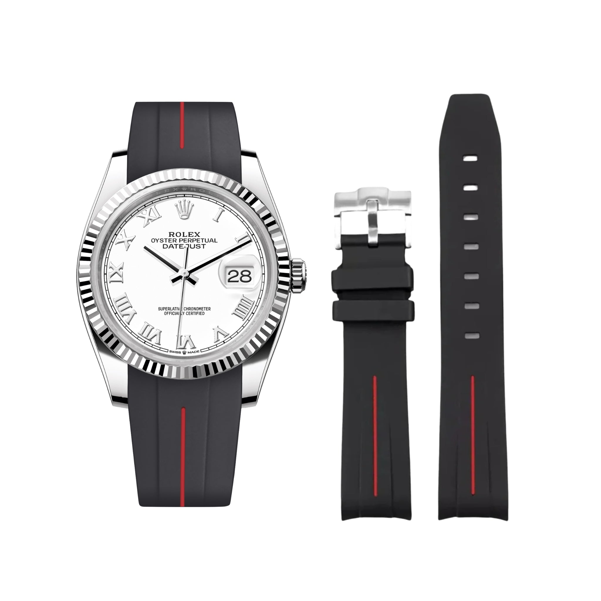 Rubber Strap - For Rolex Datejust 36 - Black w/Red Line | LuxLine® - Helvetus