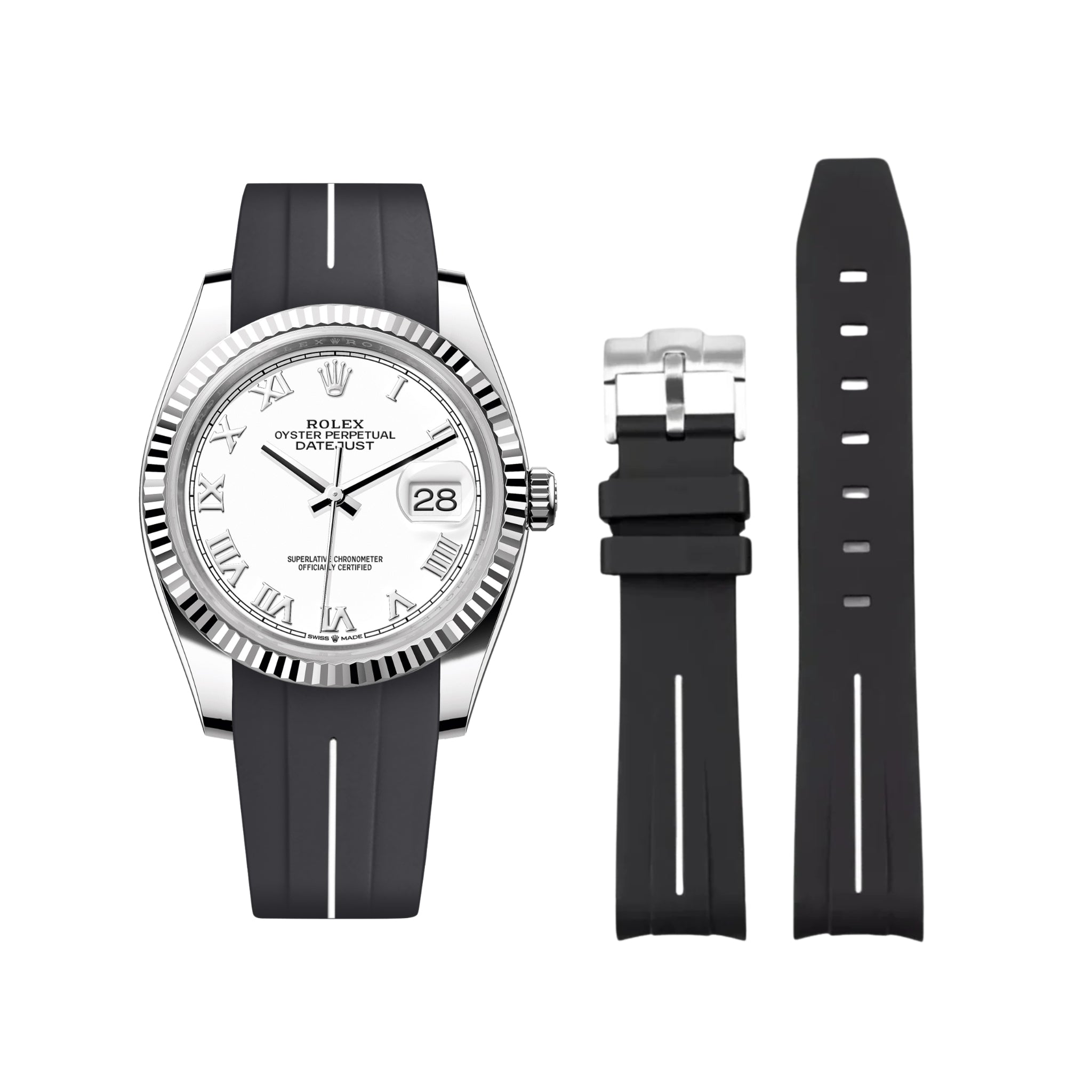 Rubber Strap - For Rolex Datejust 36 - Black w/White Line | LuxLine® - Helvetus