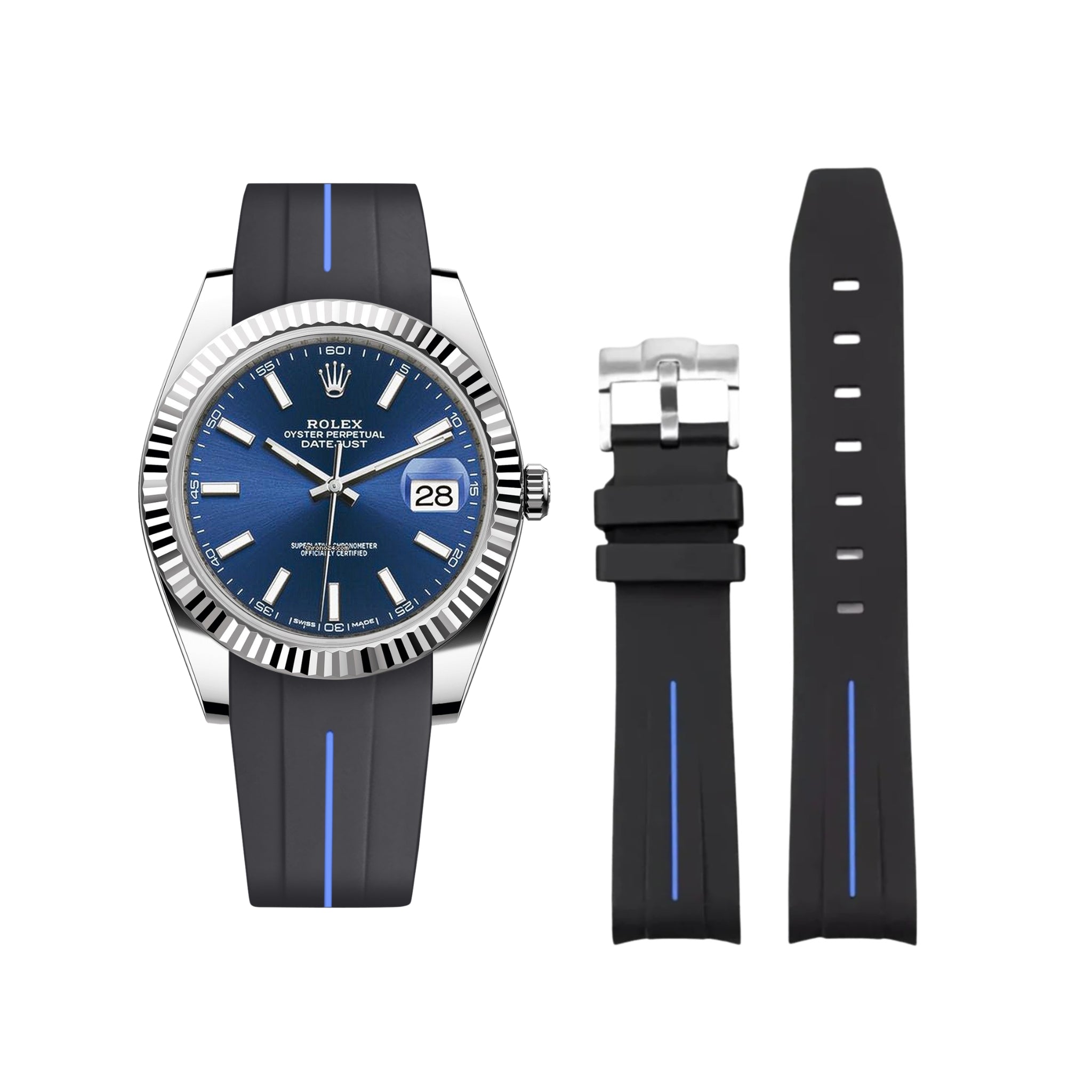 Rubber Strap - For Rolex Datejust 41mm - Black w/Blue Line | LuxLine® - Helvetus