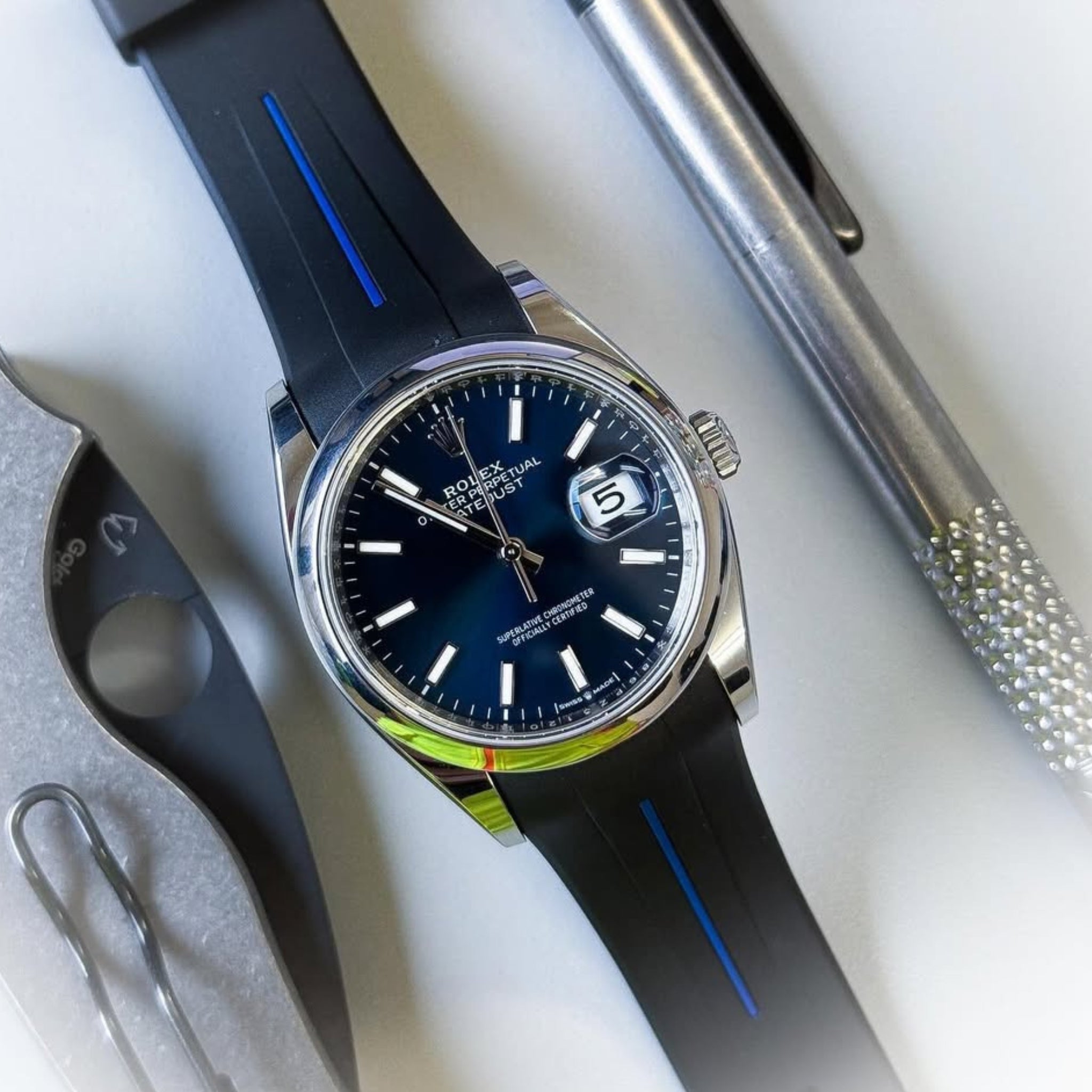 Rubber Strap - For Rolex Datejust 41mm - Black w/Blue Line | LuxLine® - Helvetus