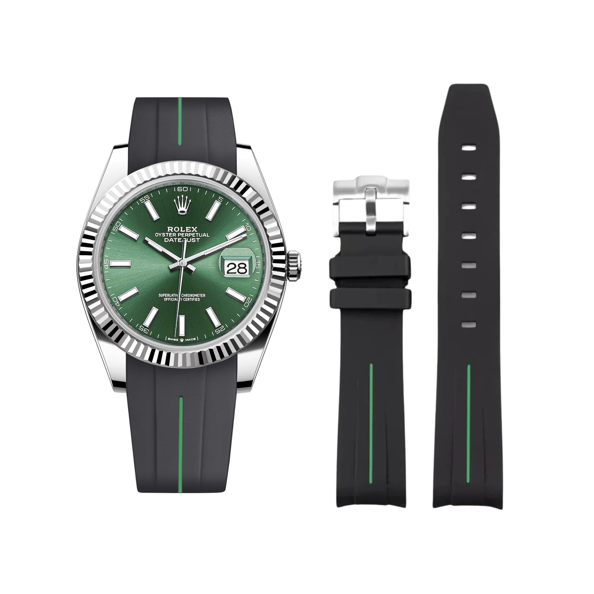 Rubber Strap - For Rolex Datejust 41mm - Black w/Green Line | LuxLine® - Helvetus