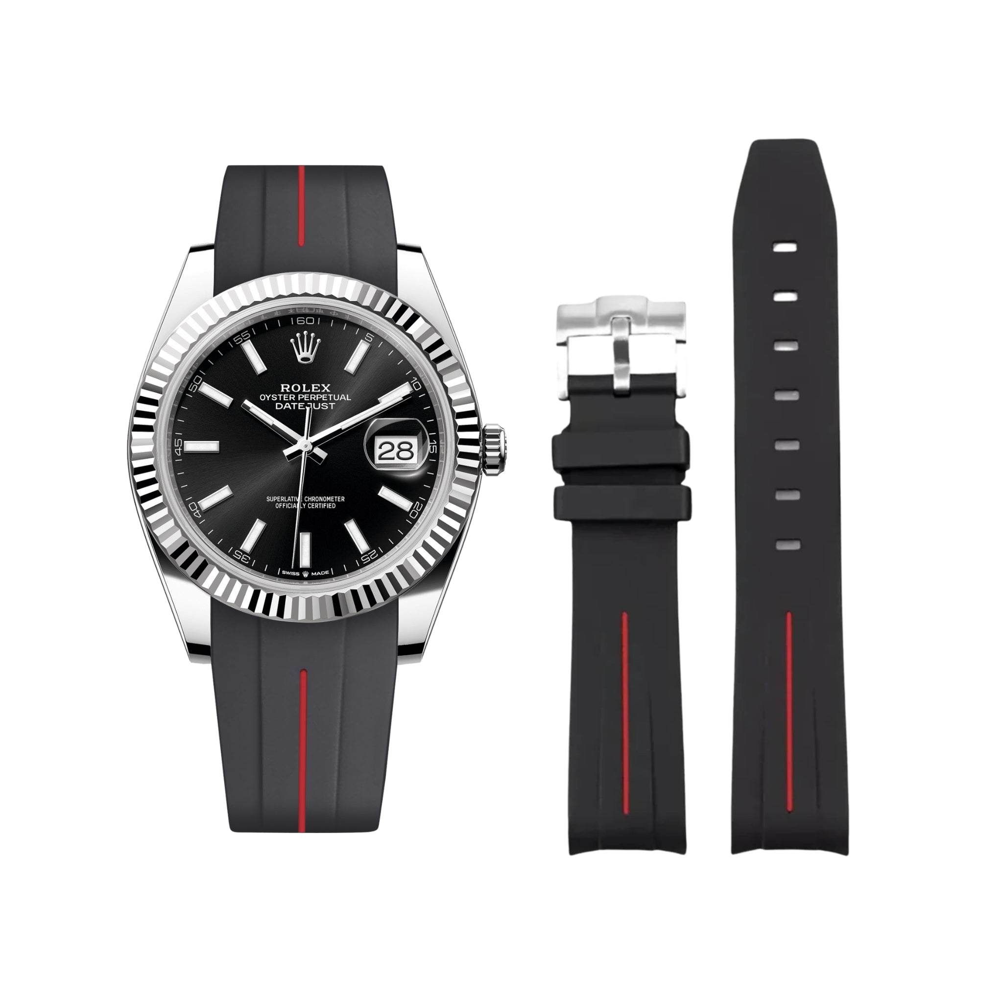 Rubber Strap - For Rolex Datejust 41mm - Black w/Red Line | LuxLine® - Helvetus