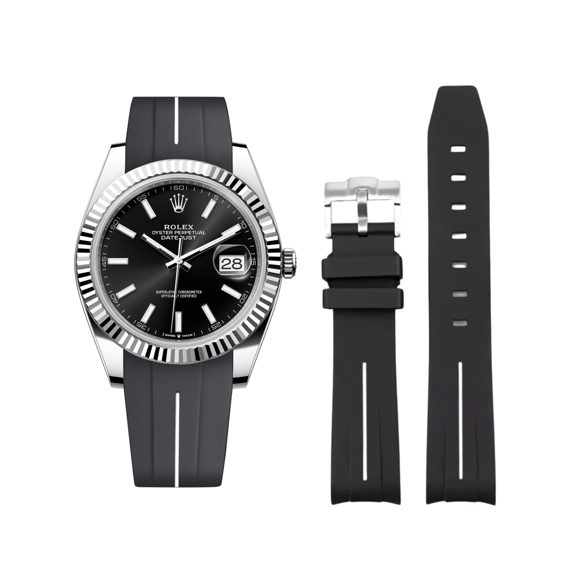 Rubber Strap - For Rolex Datejust 41mm - Black w/White Line | LuxLine® - Helvetus
