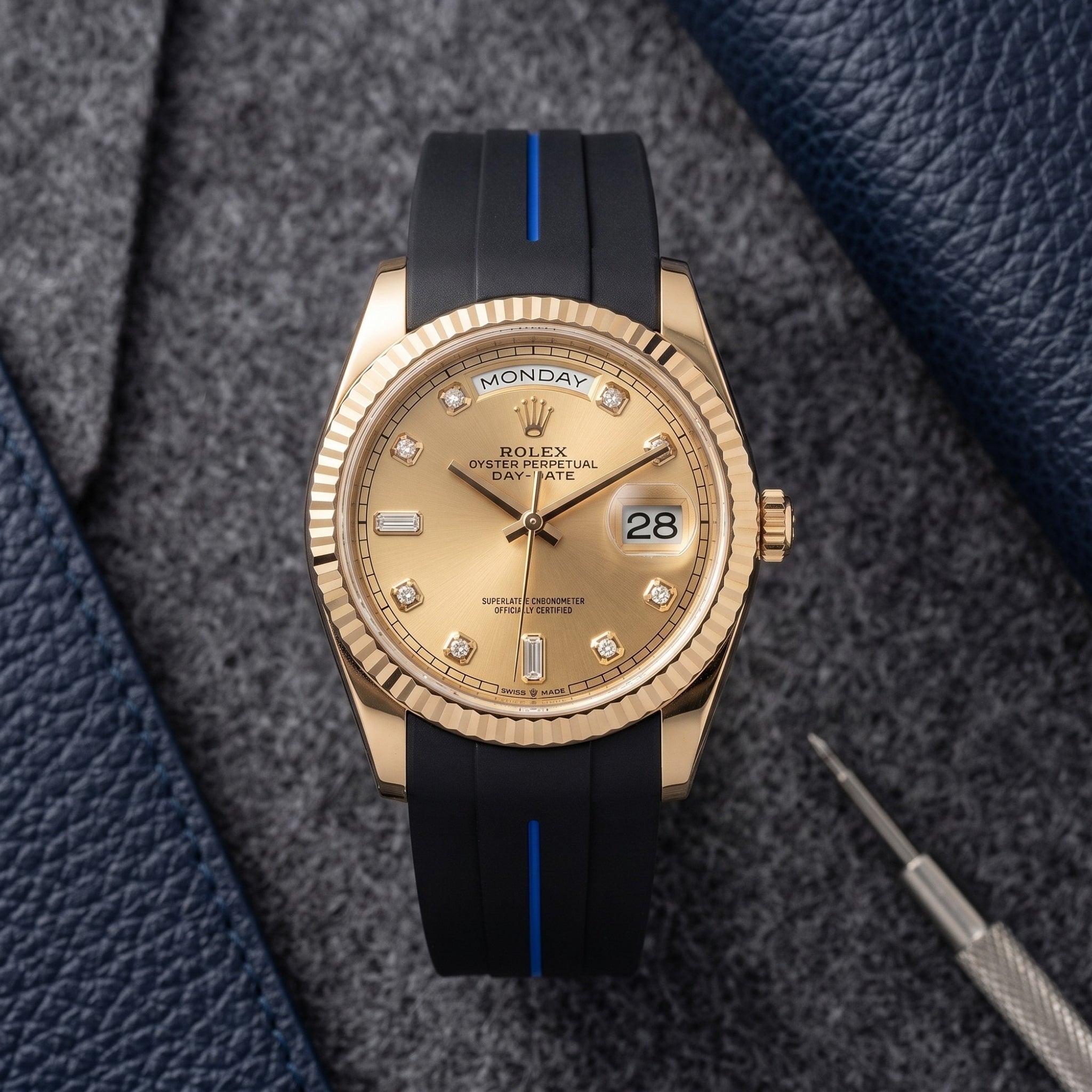 Rubber Strap - For Rolex Day-Date 40 - Black w/Blue Line | LuxLine® - Helvetus
