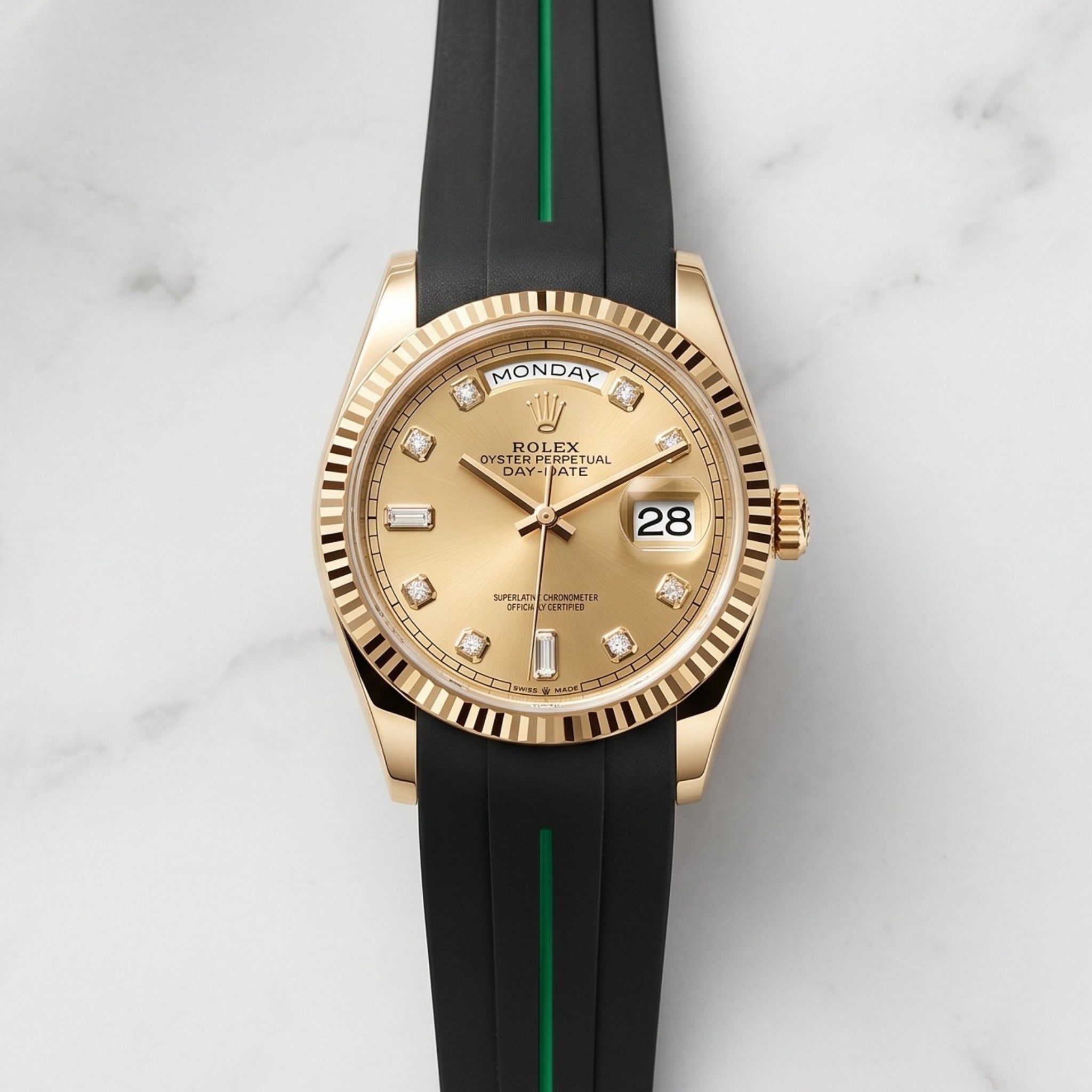 Rubber Strap - For Rolex Day-Date 40 - Black w/Green Line | LuxLine® - Helvetus